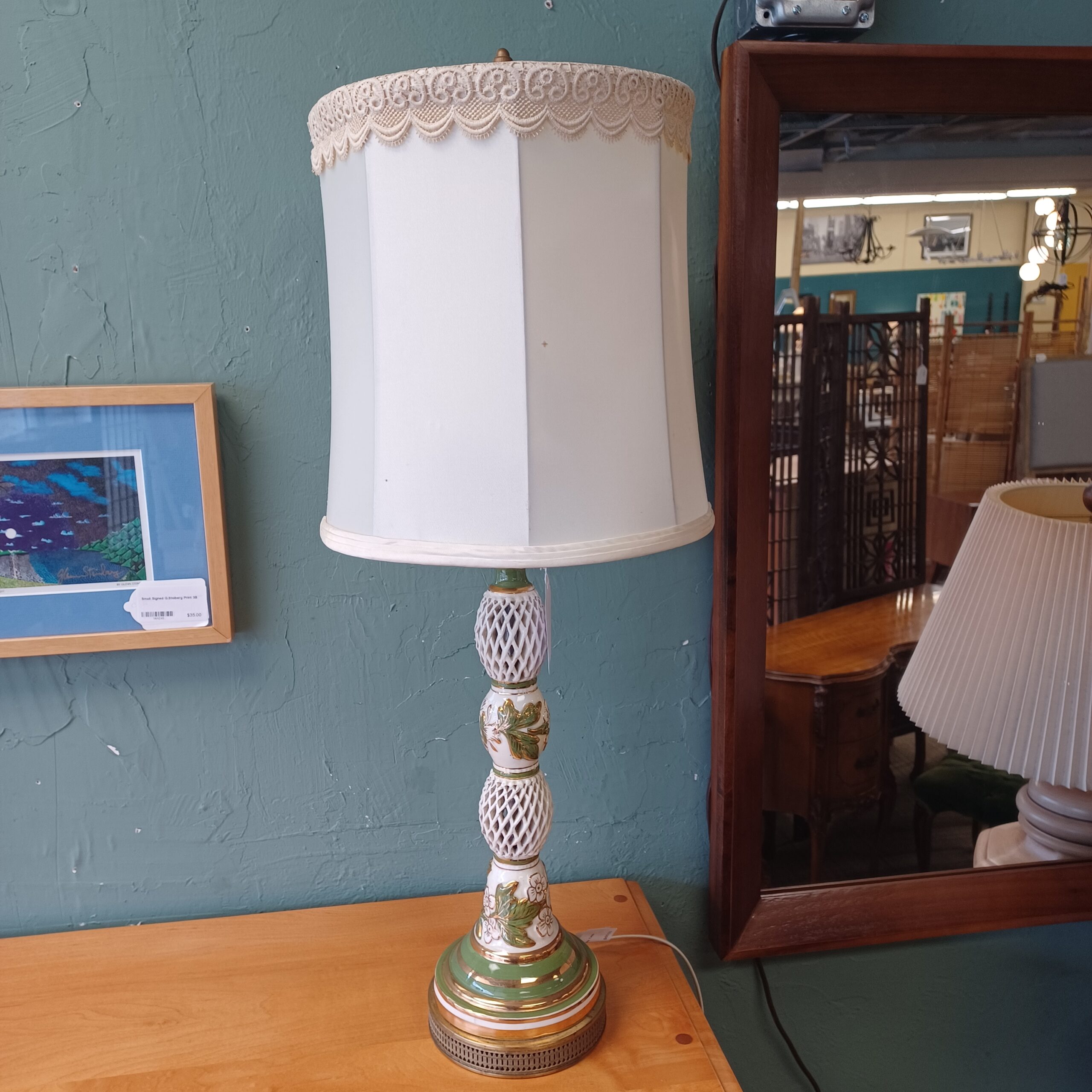 antique green & white table lamp