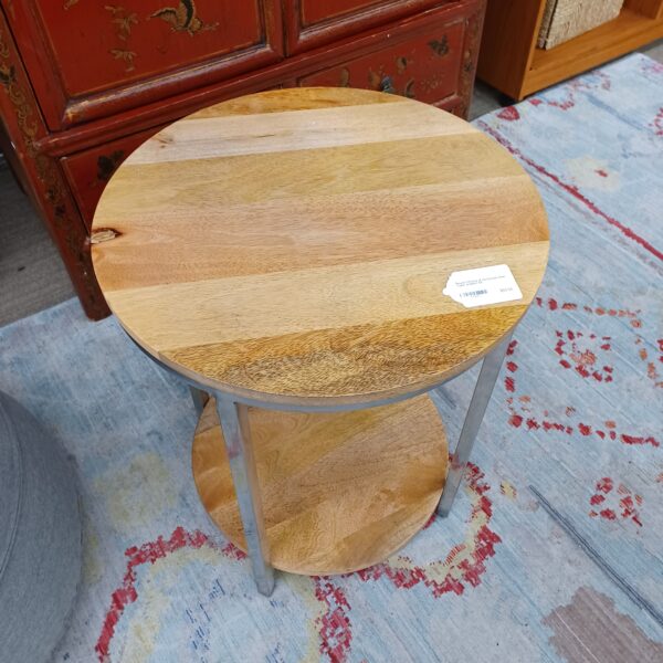round chrome & hardwood side table