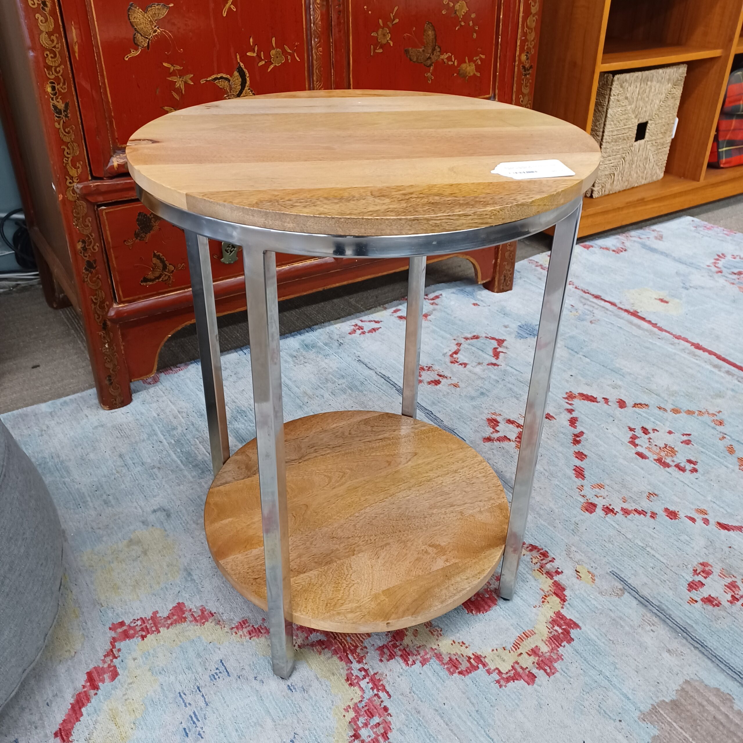 round chrome & hardwood side table
