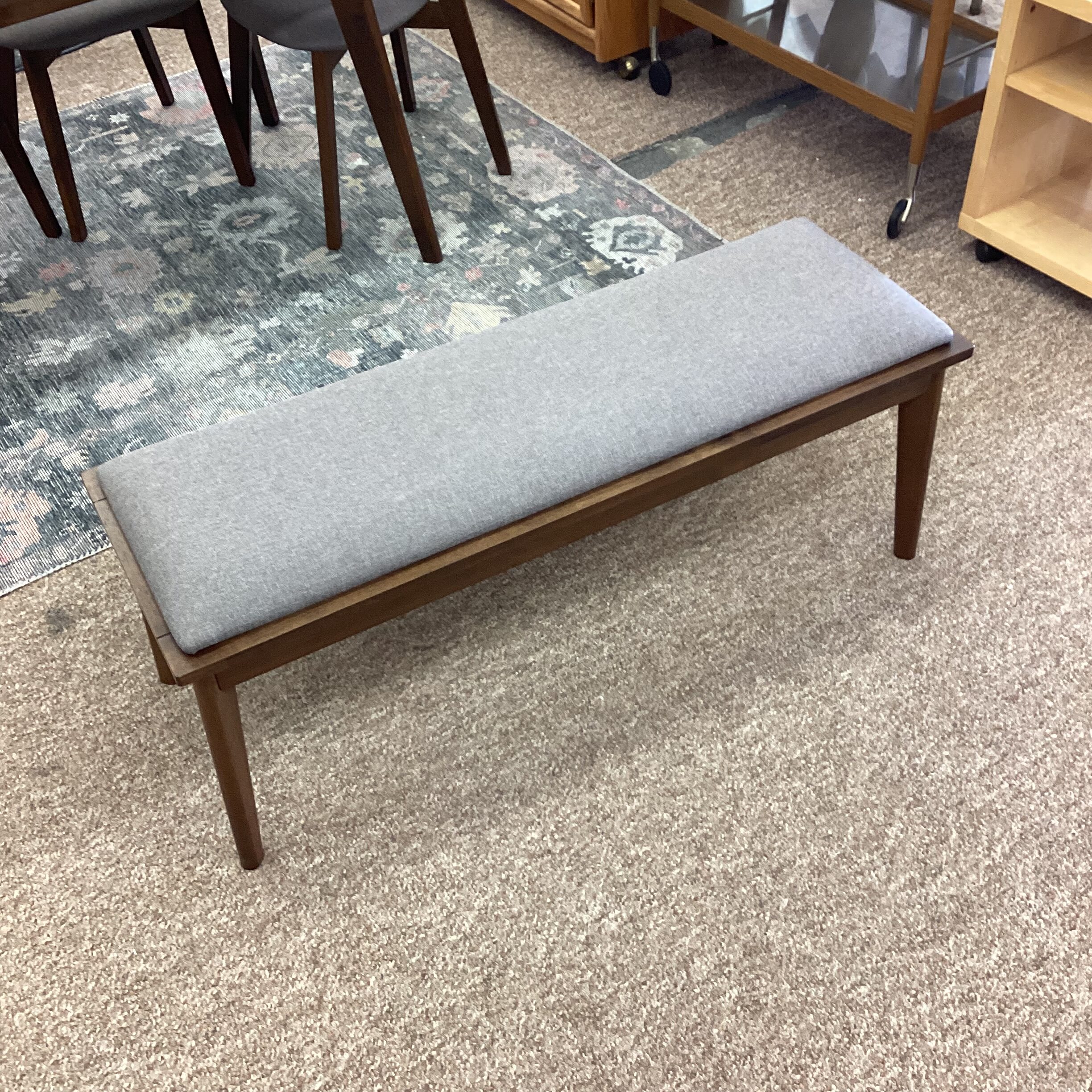 grey fabric walnut bench
