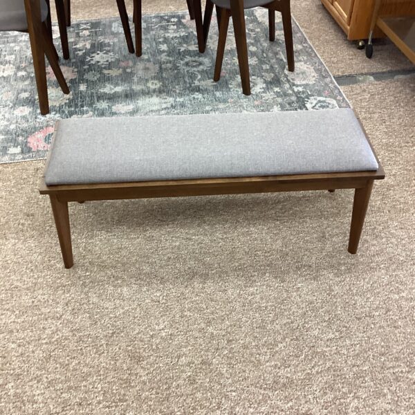 grey fabric walnut bench