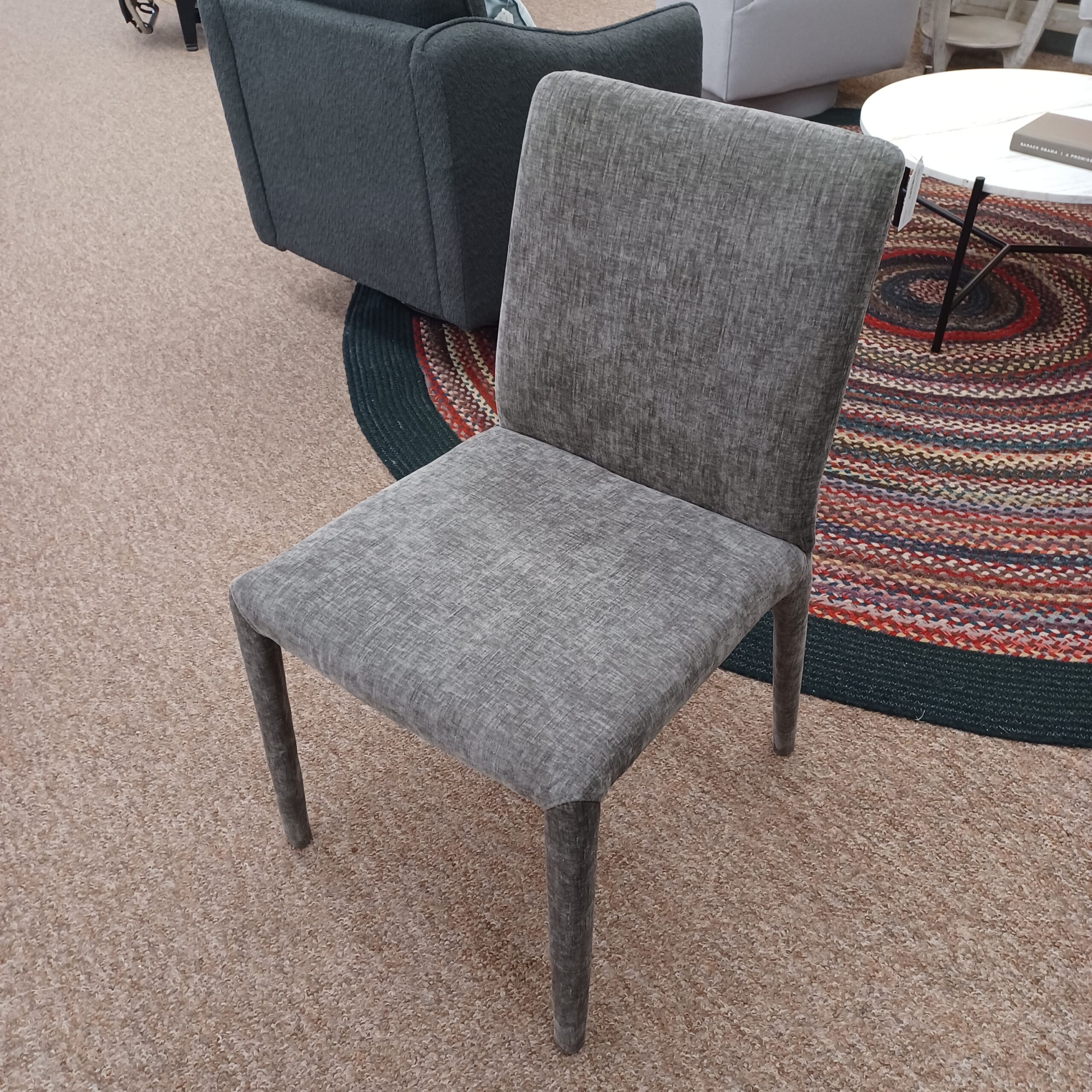 fully upholstered pewter dining chair