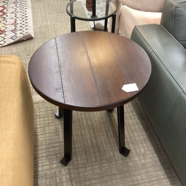 dark wood plank round side table