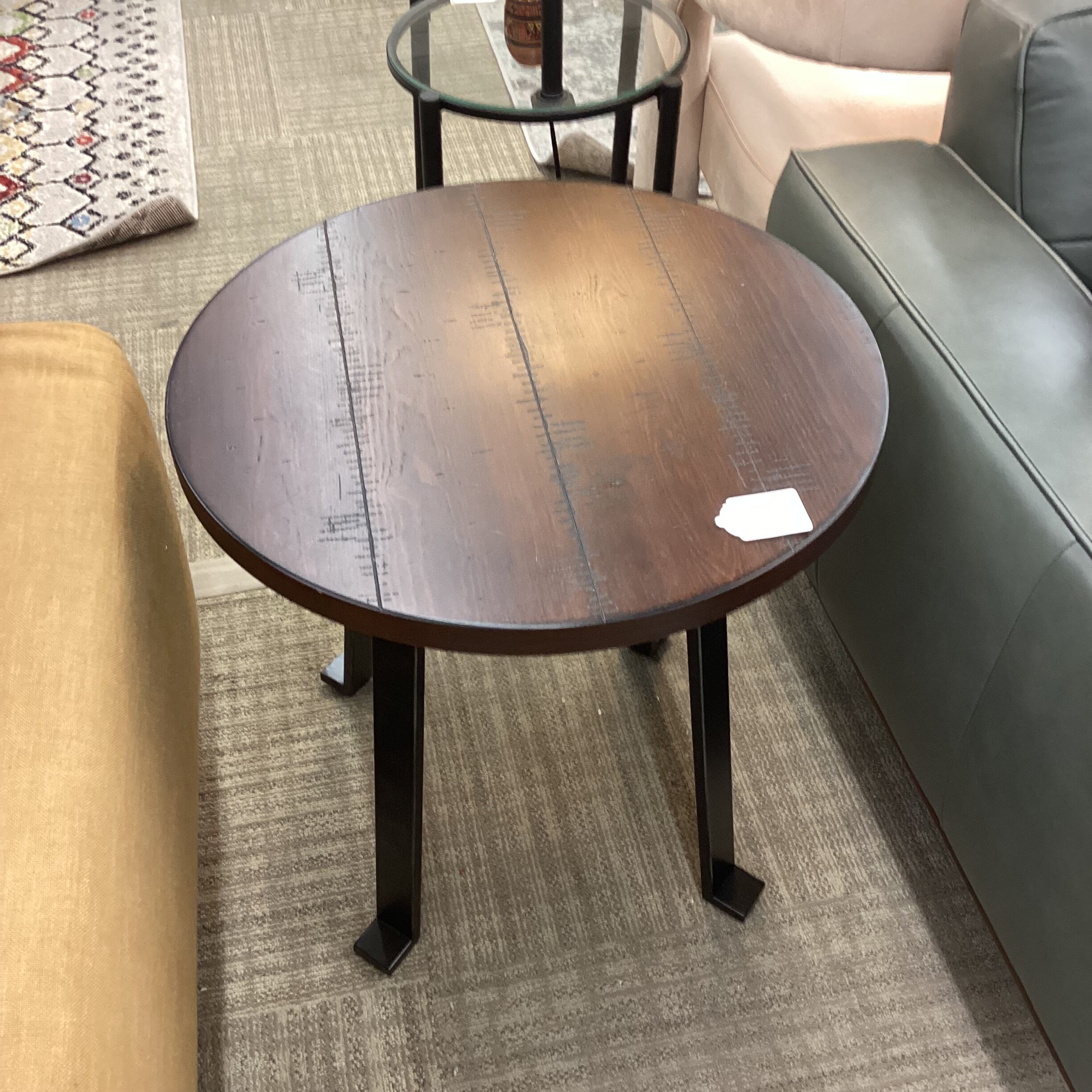 dark wood plank round side table