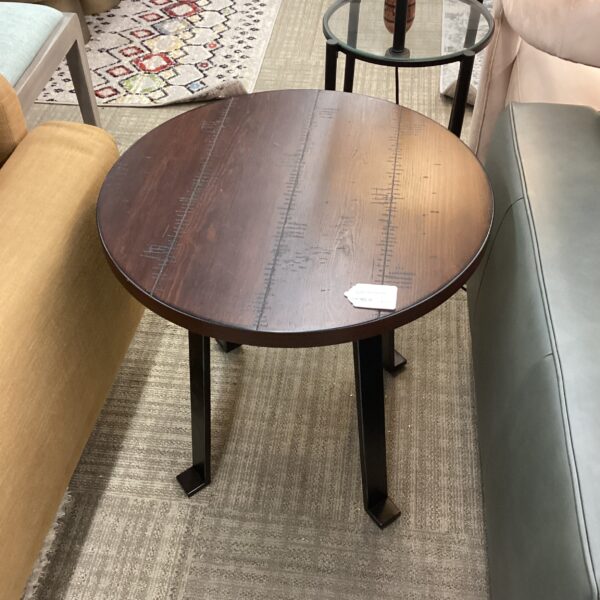 dark wood plank round side table