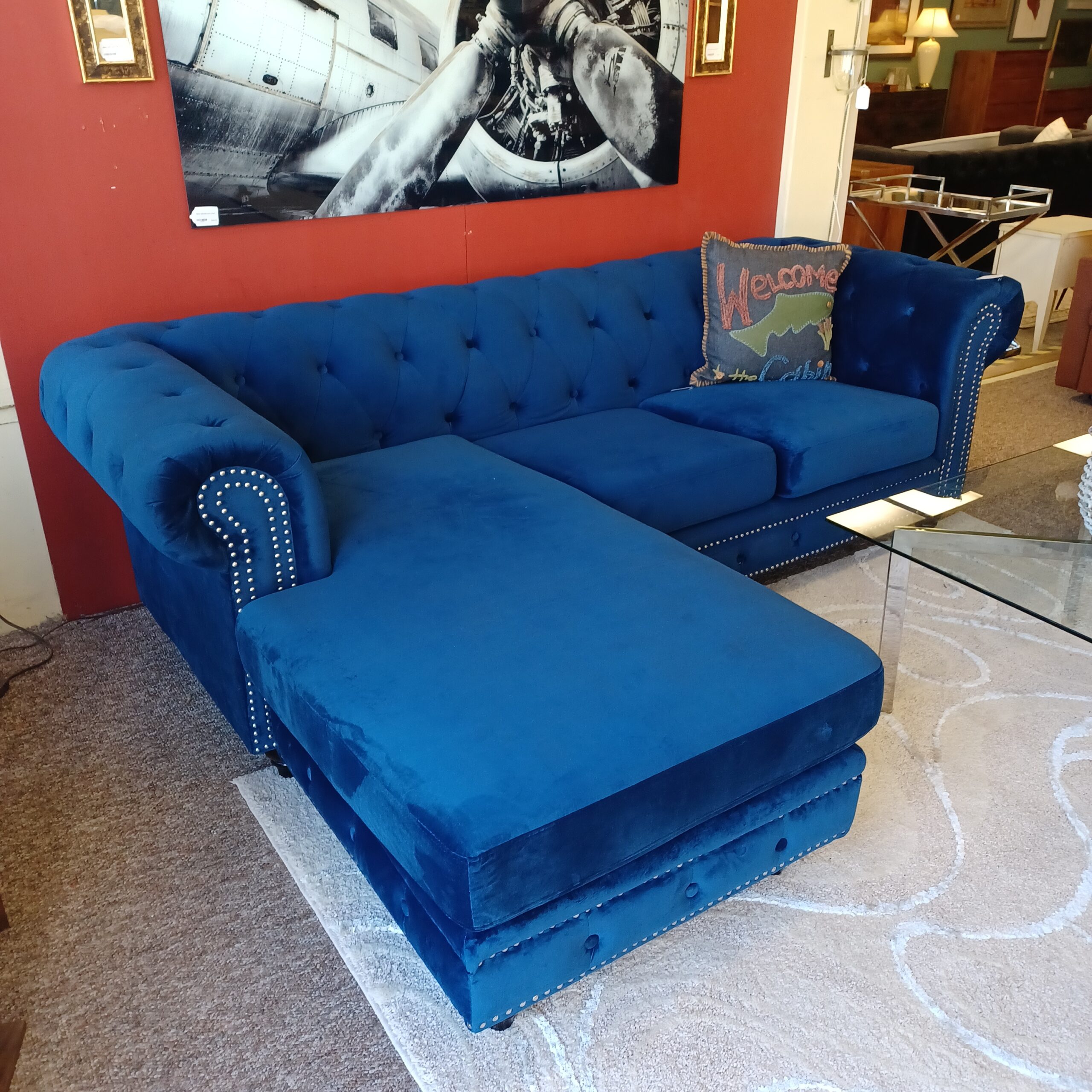 blue velvet reversible chesterfield sofa chaise