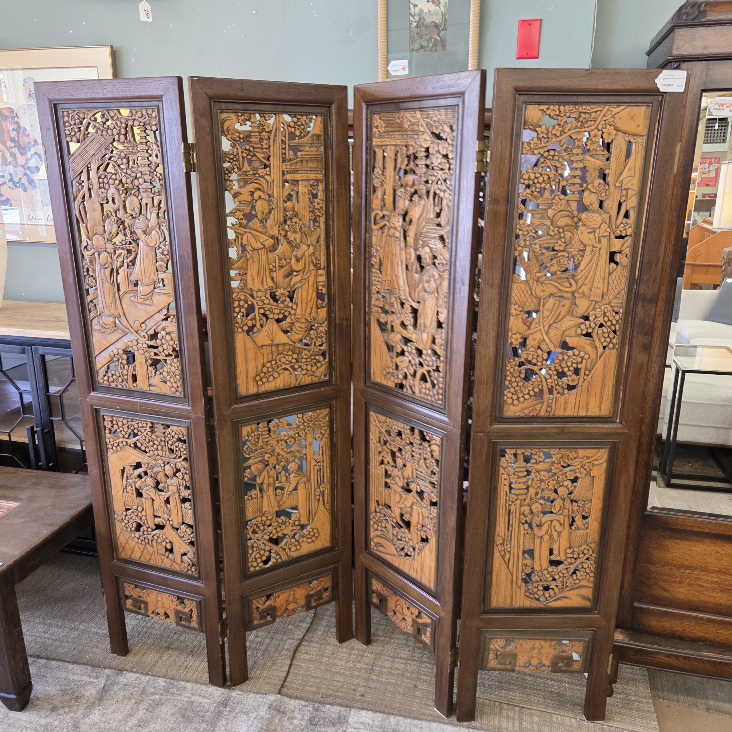 chinese carved four panel screen