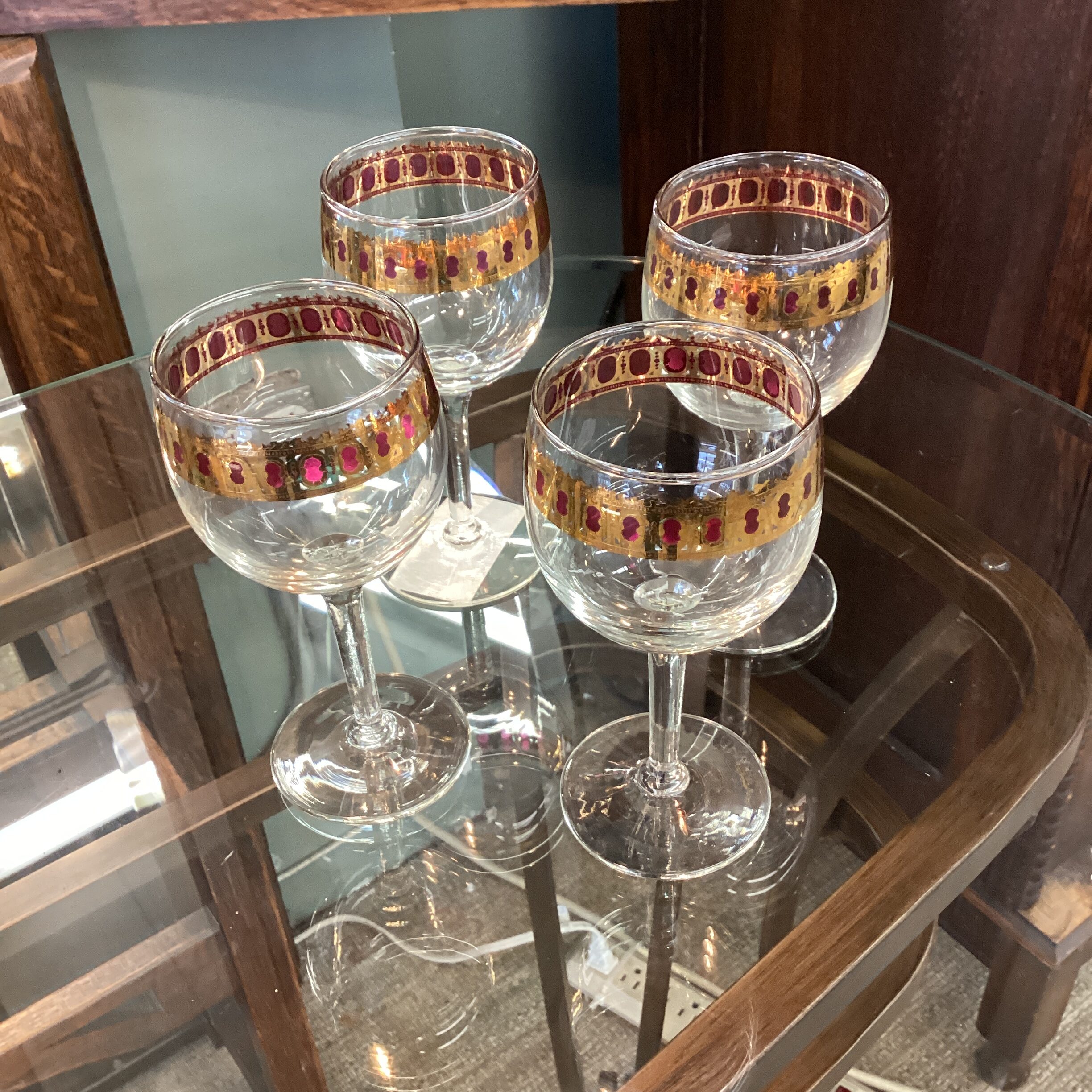 set 4 clear glass gold & ruby rim port glasses