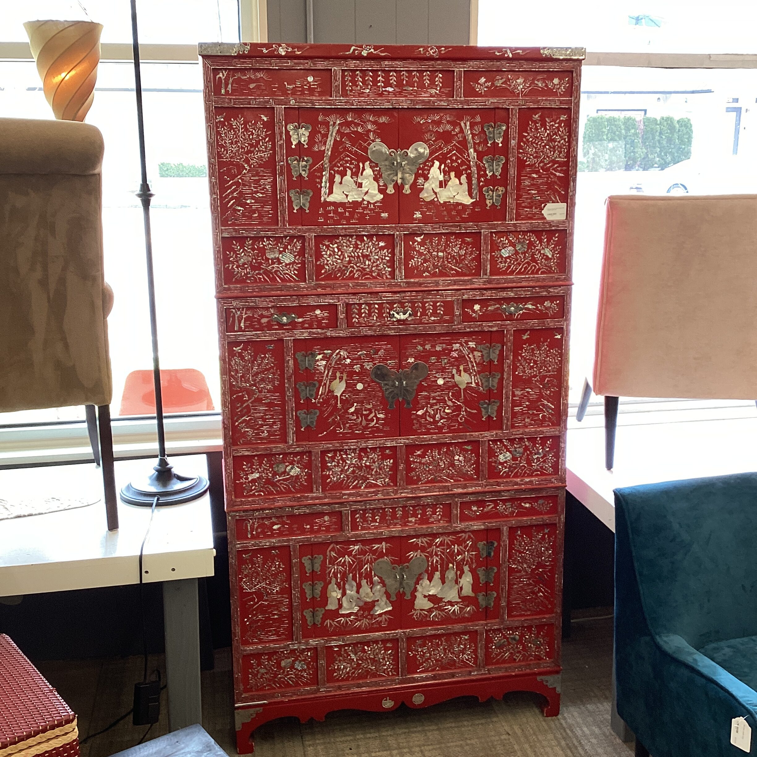 vintage korean red lacquer 4pc tansu cabinet