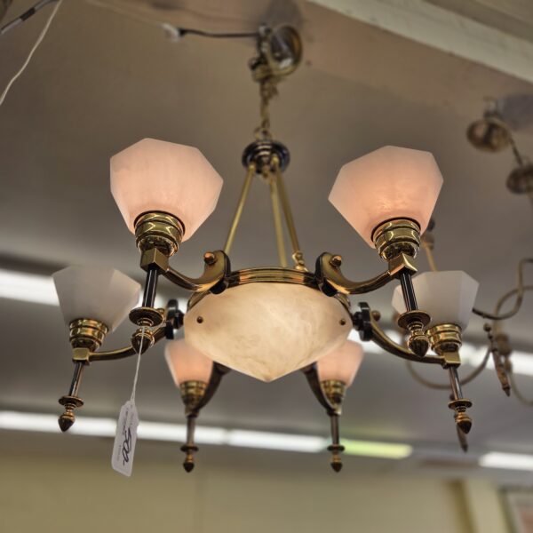 brass & alabaster deco style 7 light chandelier