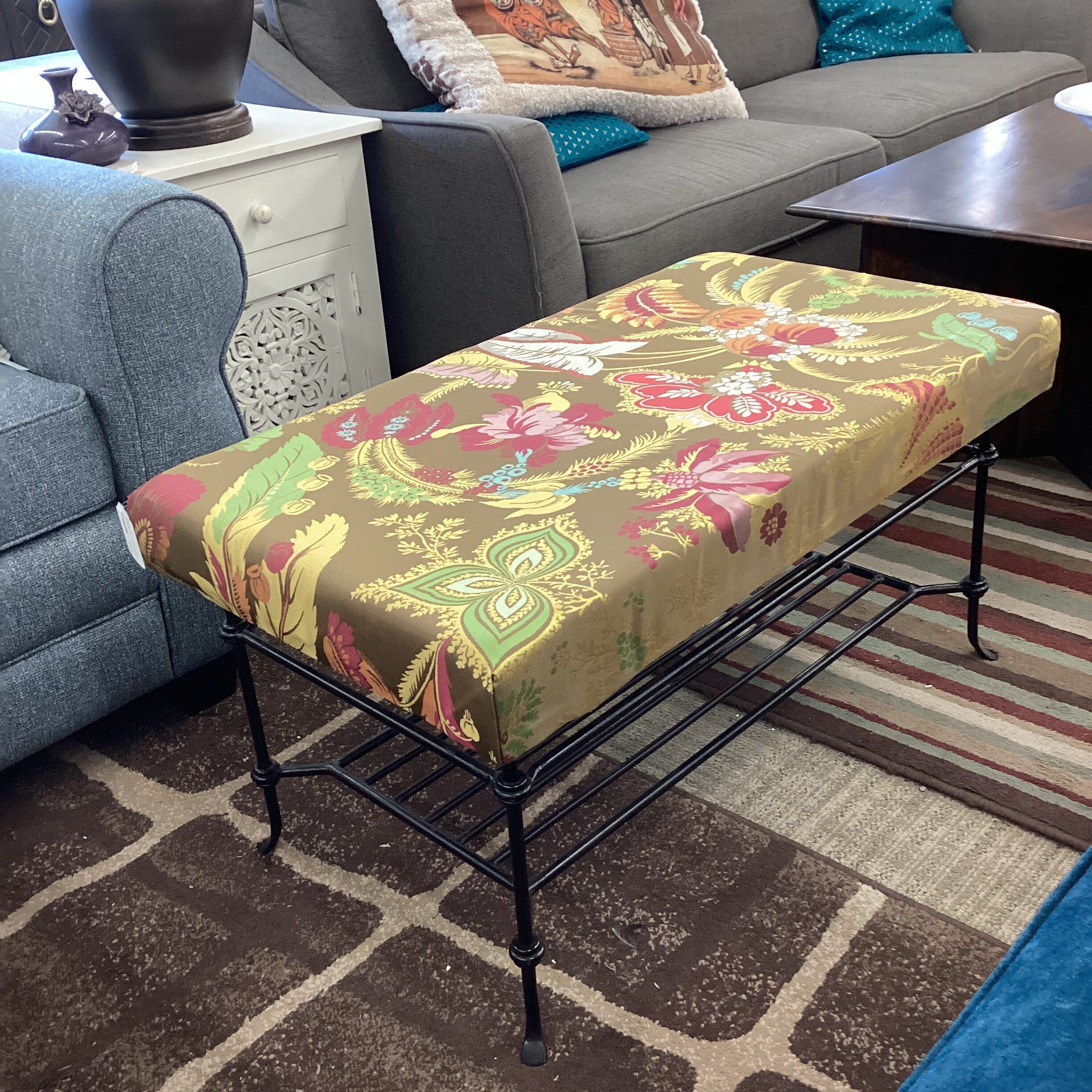multicolor floral upholstered iron bench