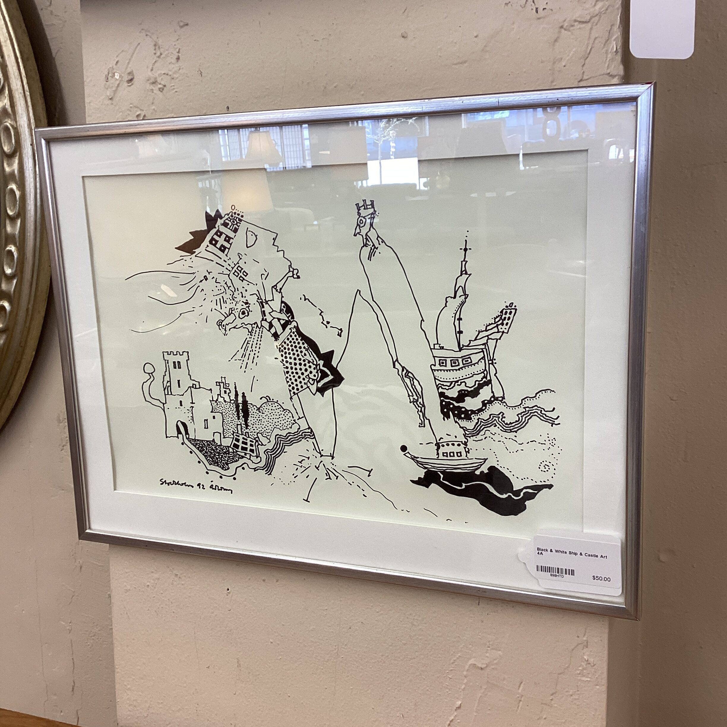 black & white ship & castle art