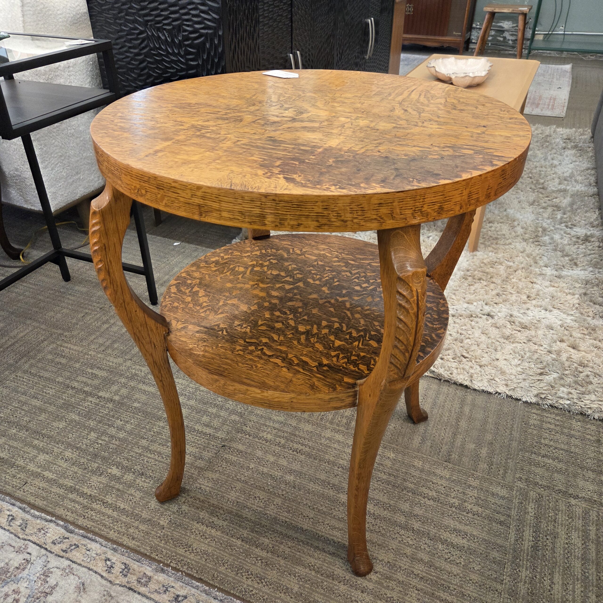 antique crazy quarter oak round occasional table