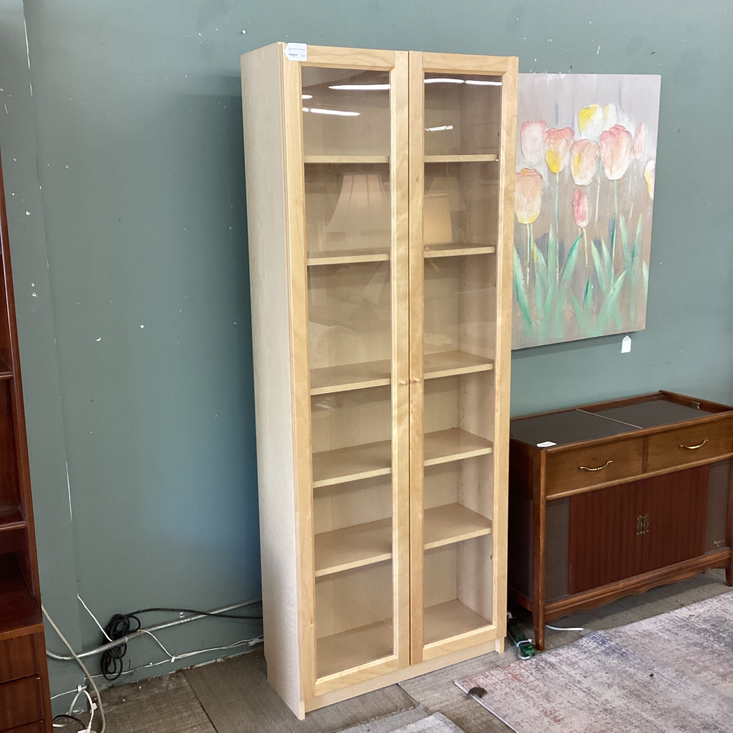 blonde bookcase w/glass doors