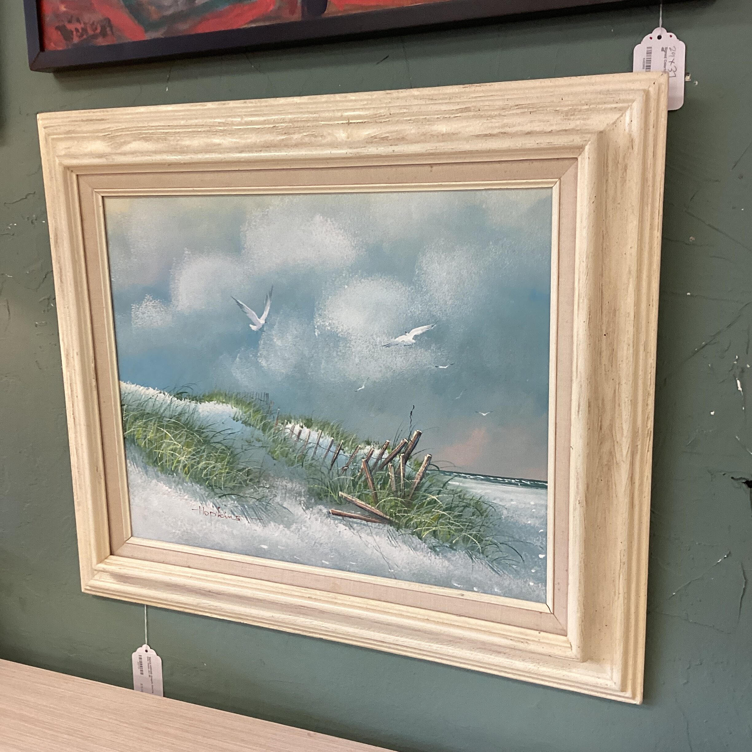 signed hopkins seagulls soaring over ocean art