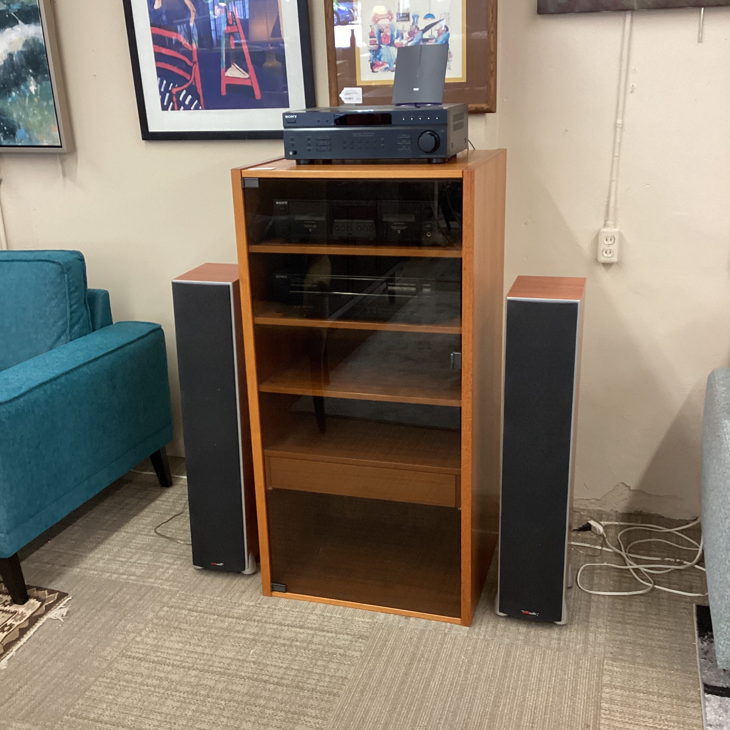 teak cabinet cd & tape deck w/receiver & speakers set