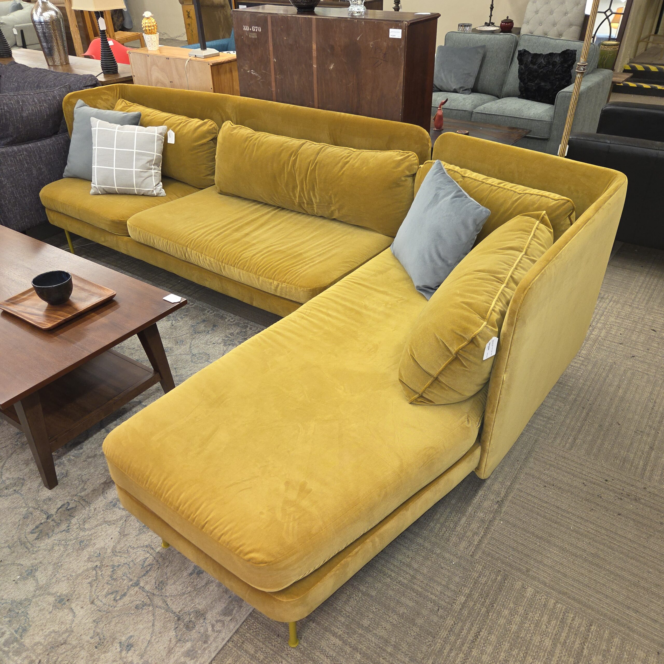 blu dot gold velvet right chaise sectional