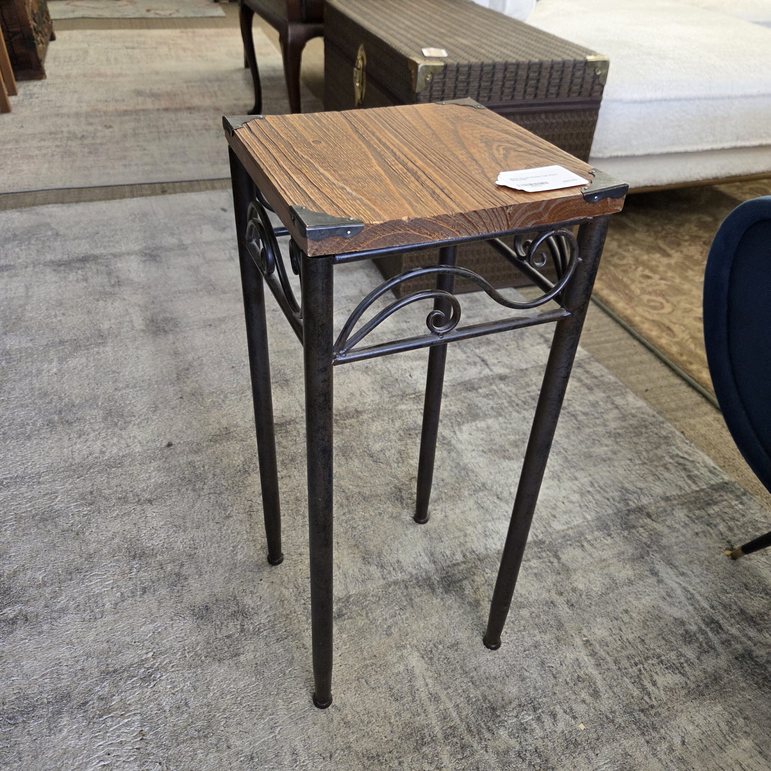 metal scroll wood top plant stand