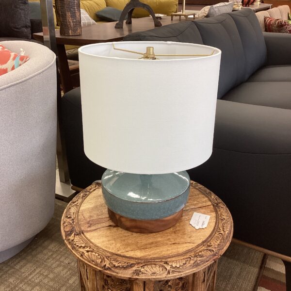 west elm blue ceramic wood base table lamp