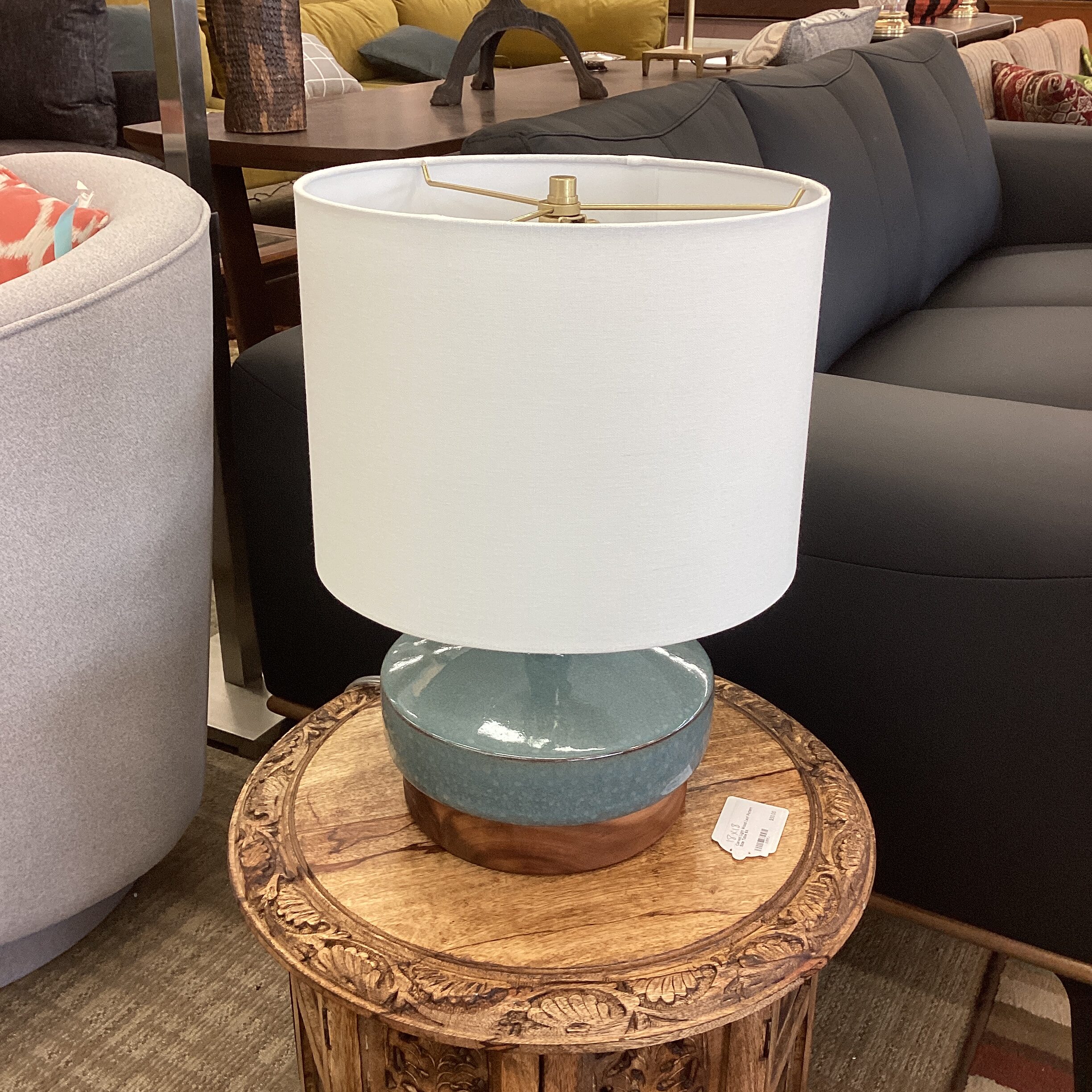 west elm blue ceramic wood base table lamp