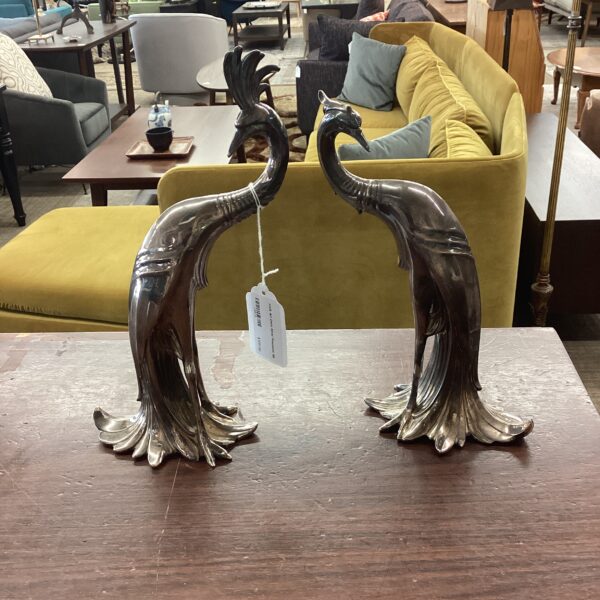 pair art deco silver peacocks