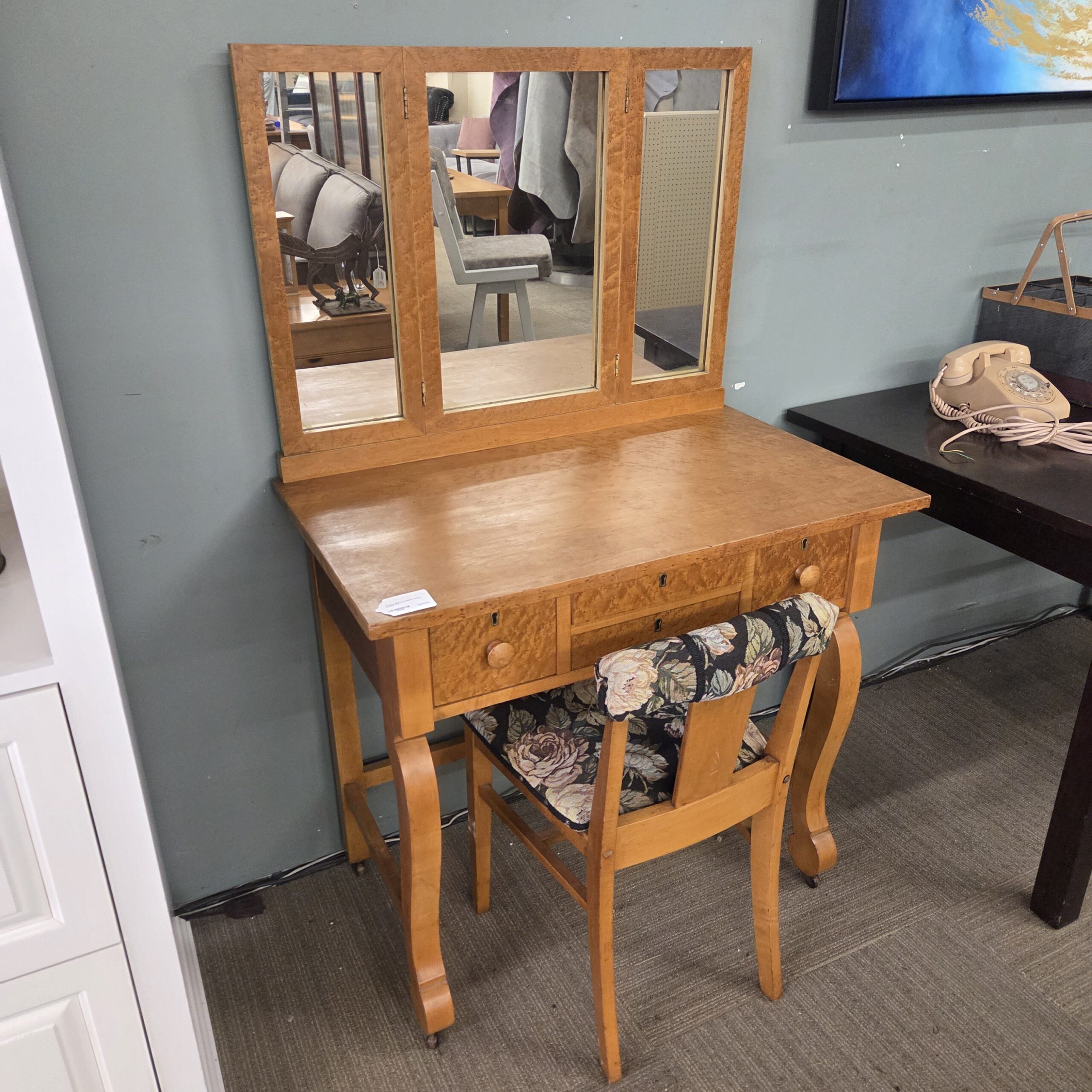 antique birdseye maple vanity w/chair
