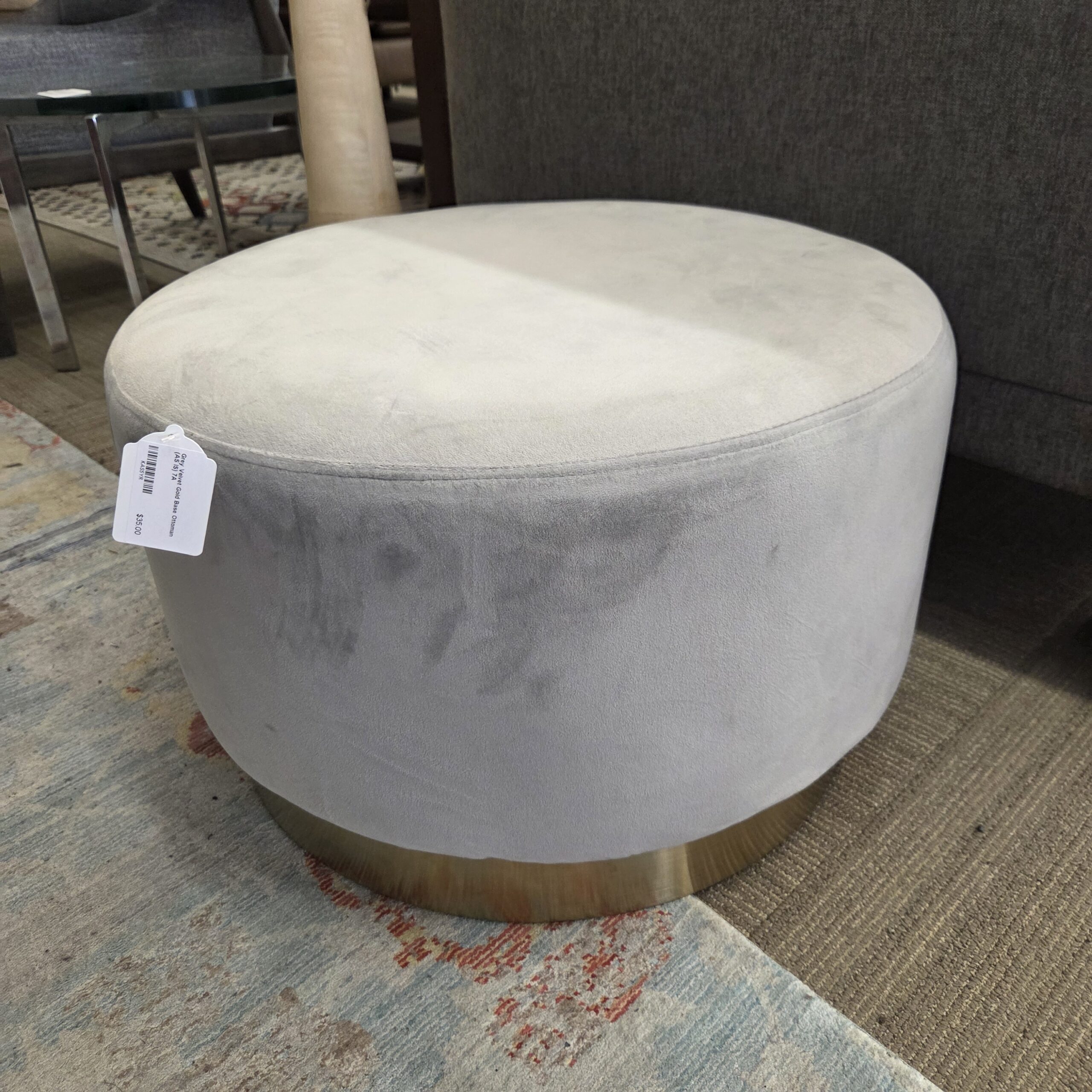 grey velvet gold base ottoman (as is)