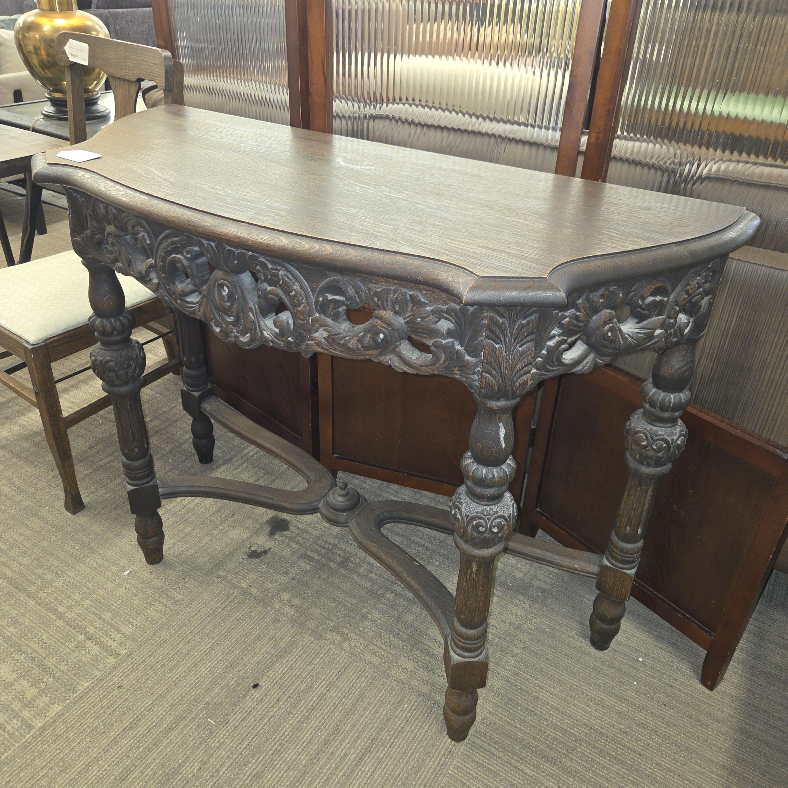 antique carved oak half moon entry table