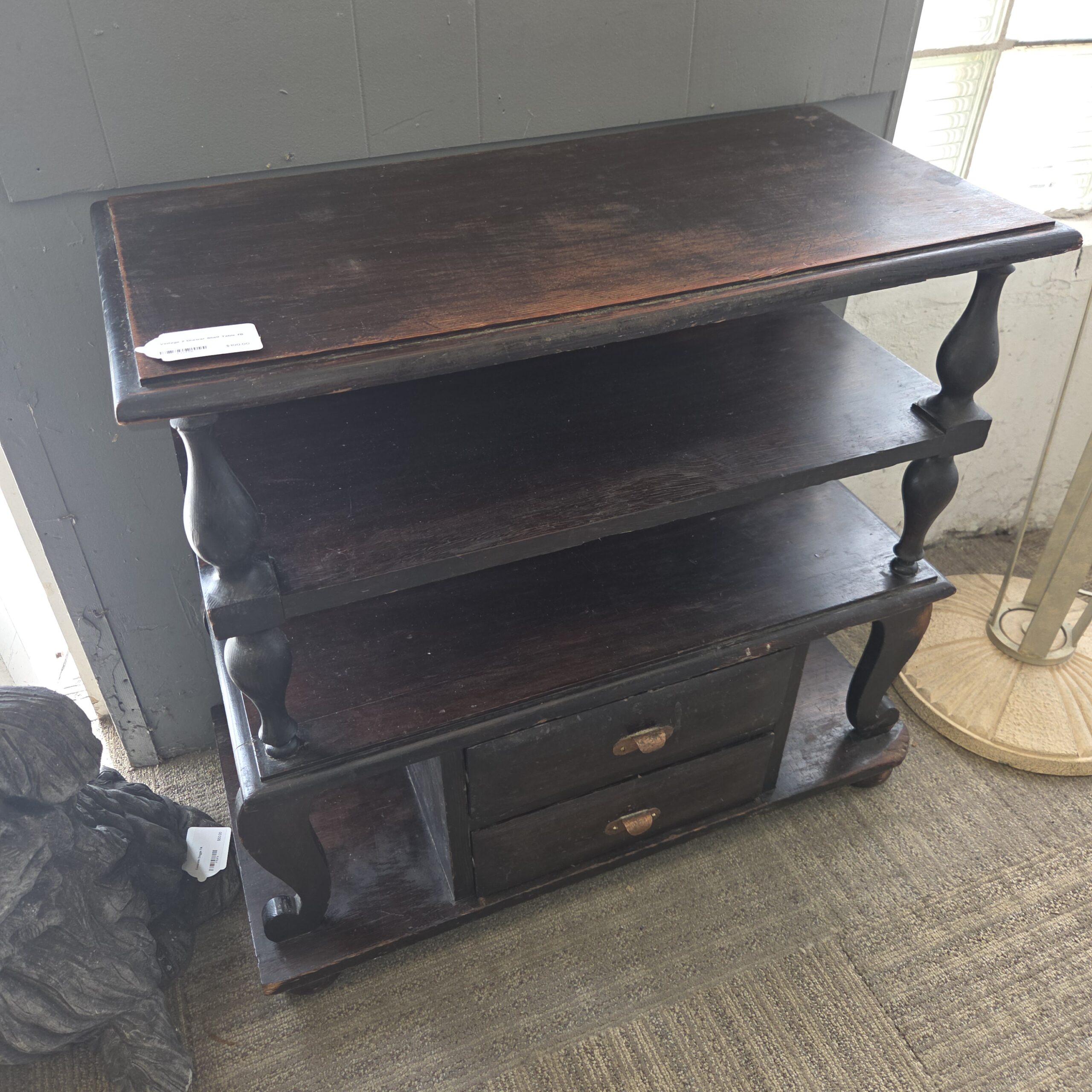 antique dark turned wood entry table w/drawers