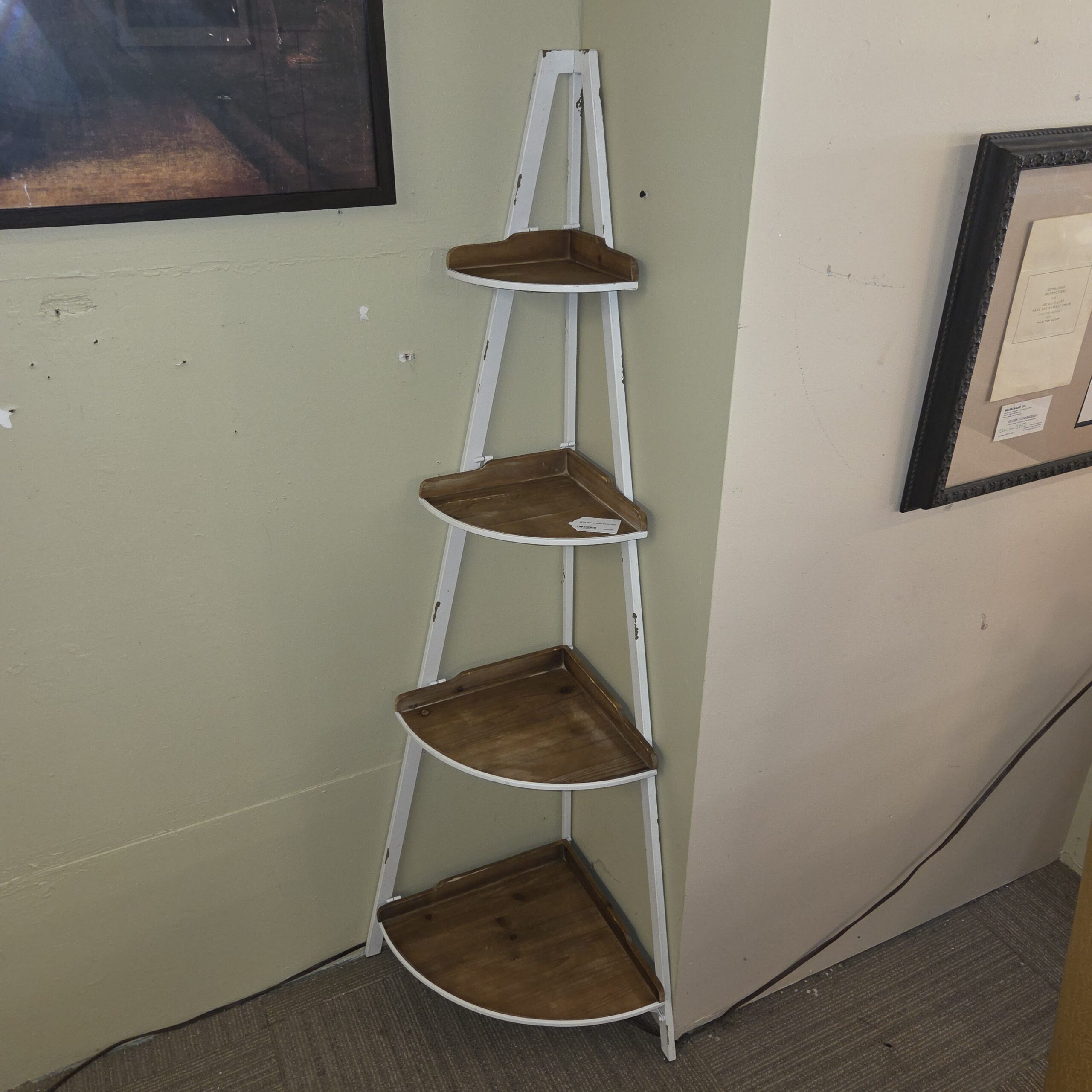 white metal & wood corner shelf