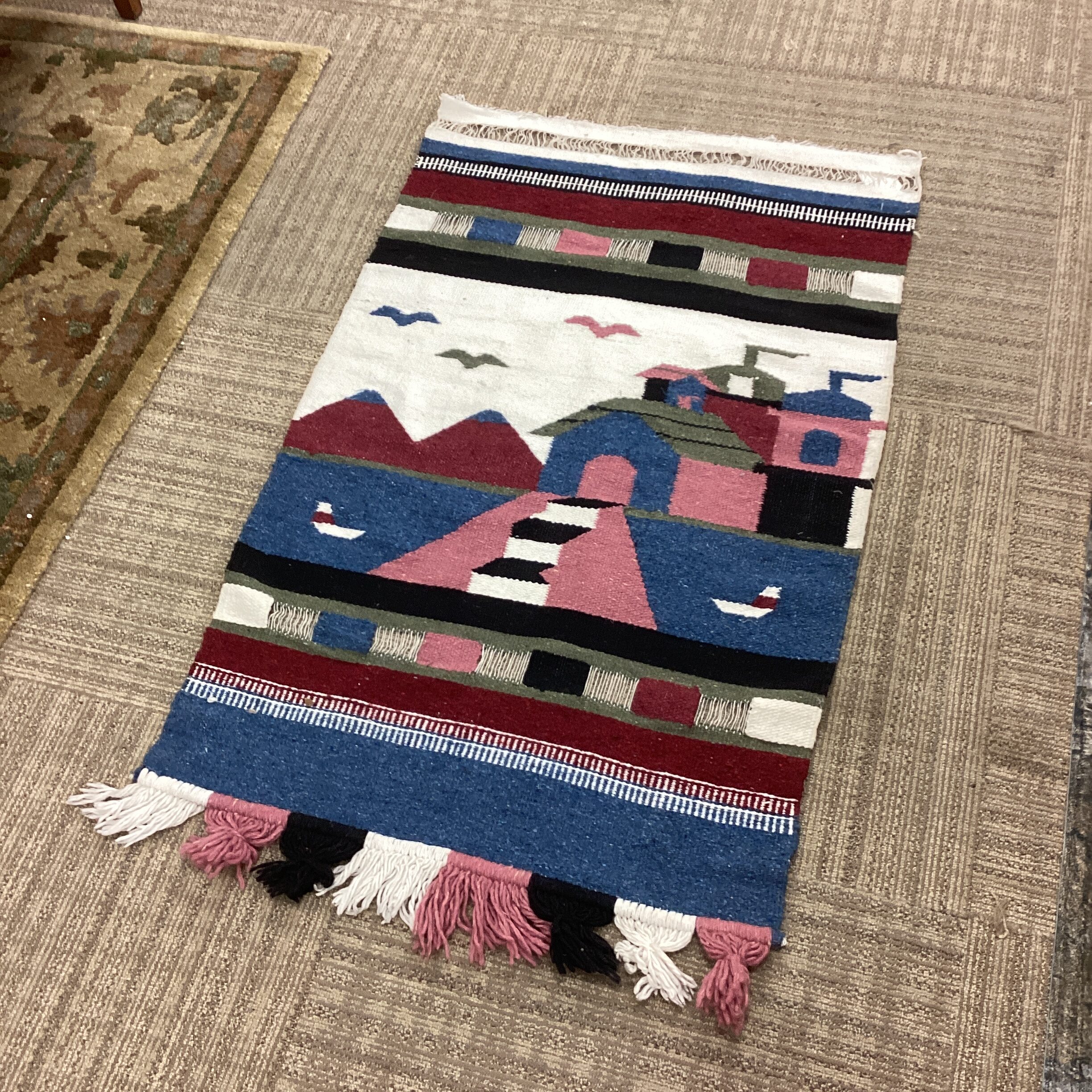blue & maroon & pink landscape design rug