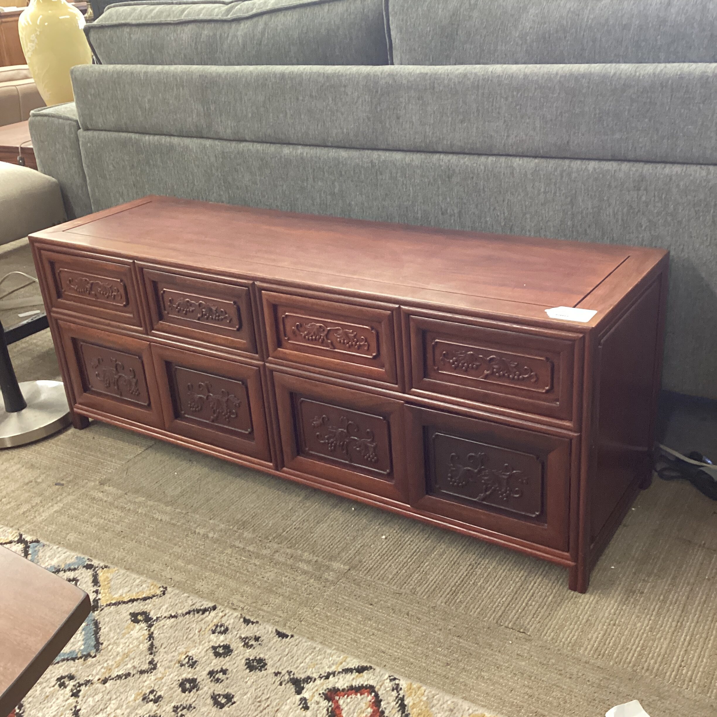 asian style carved hardwood media console
