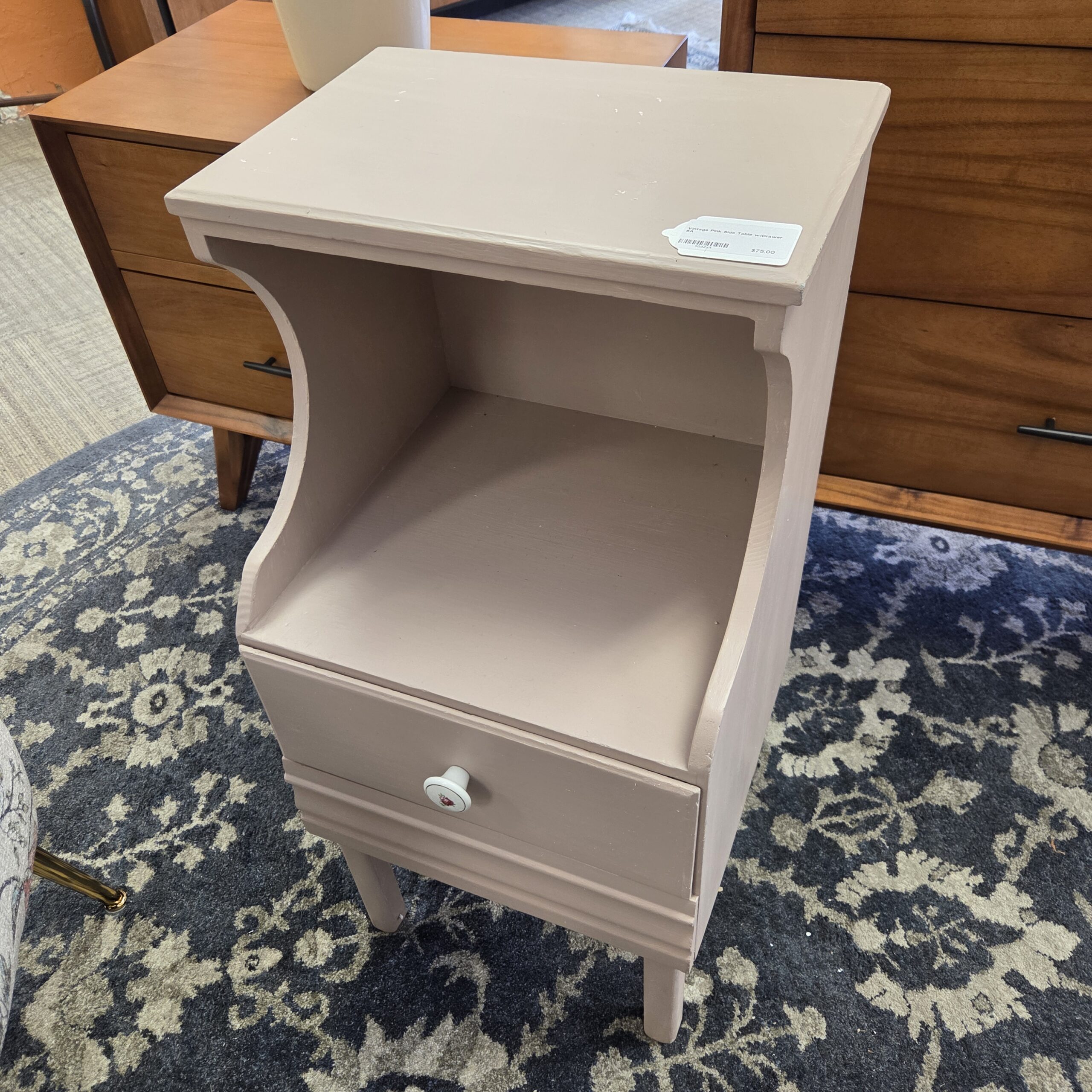 vintage pink side table w/drawer