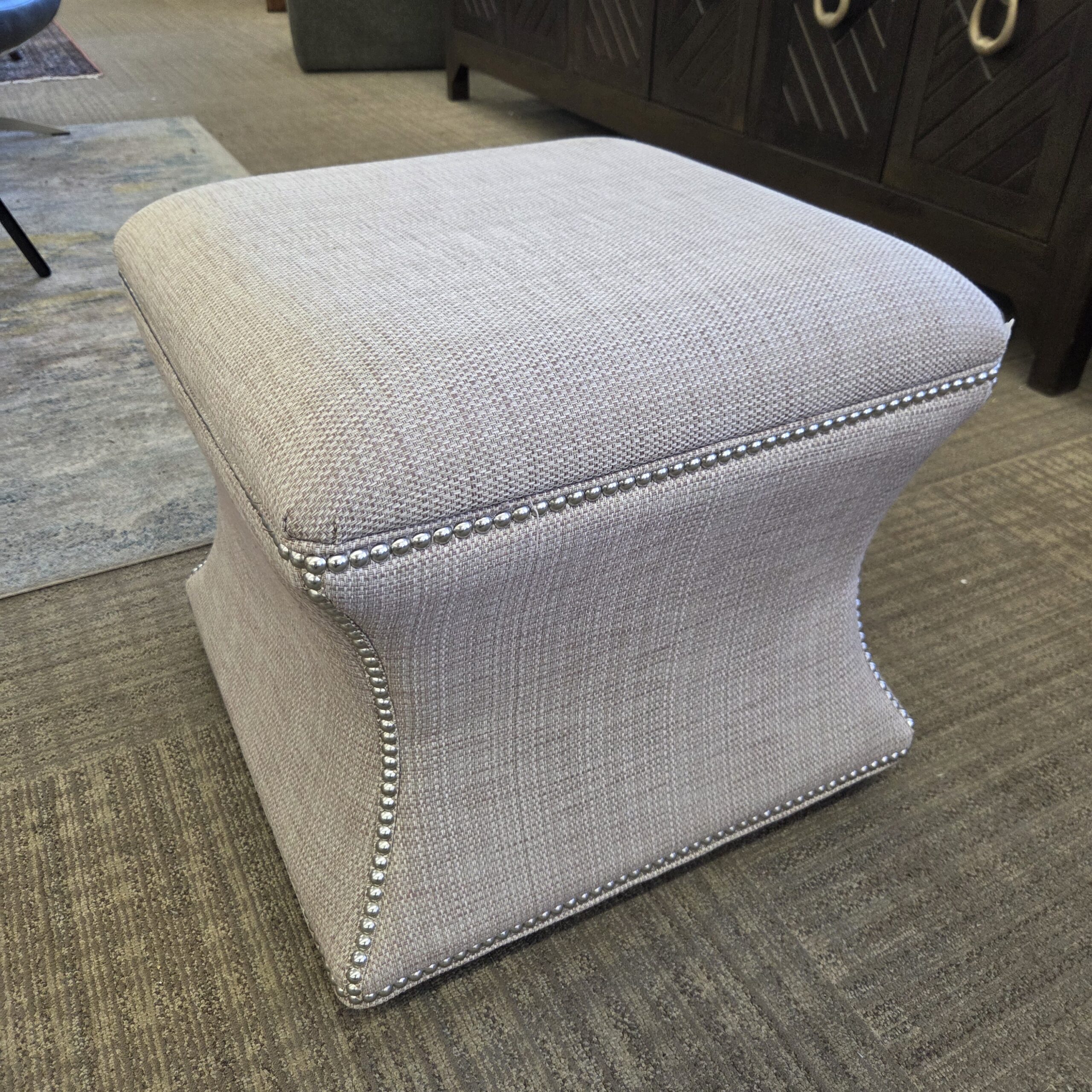 ethan allen taupe nailhead curved ottoman