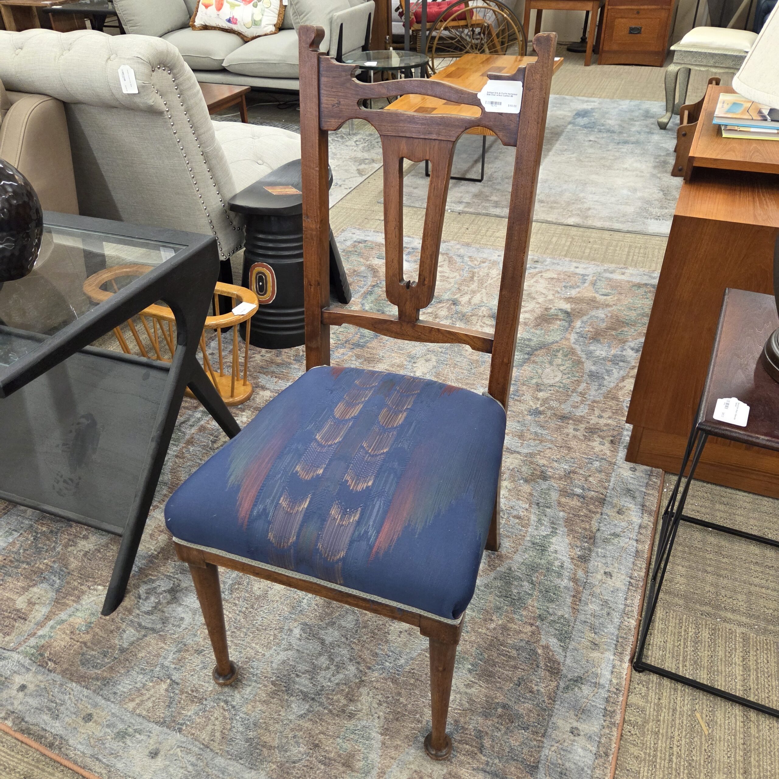 antique arts & crafts hardwood side chair w/ikat cushion