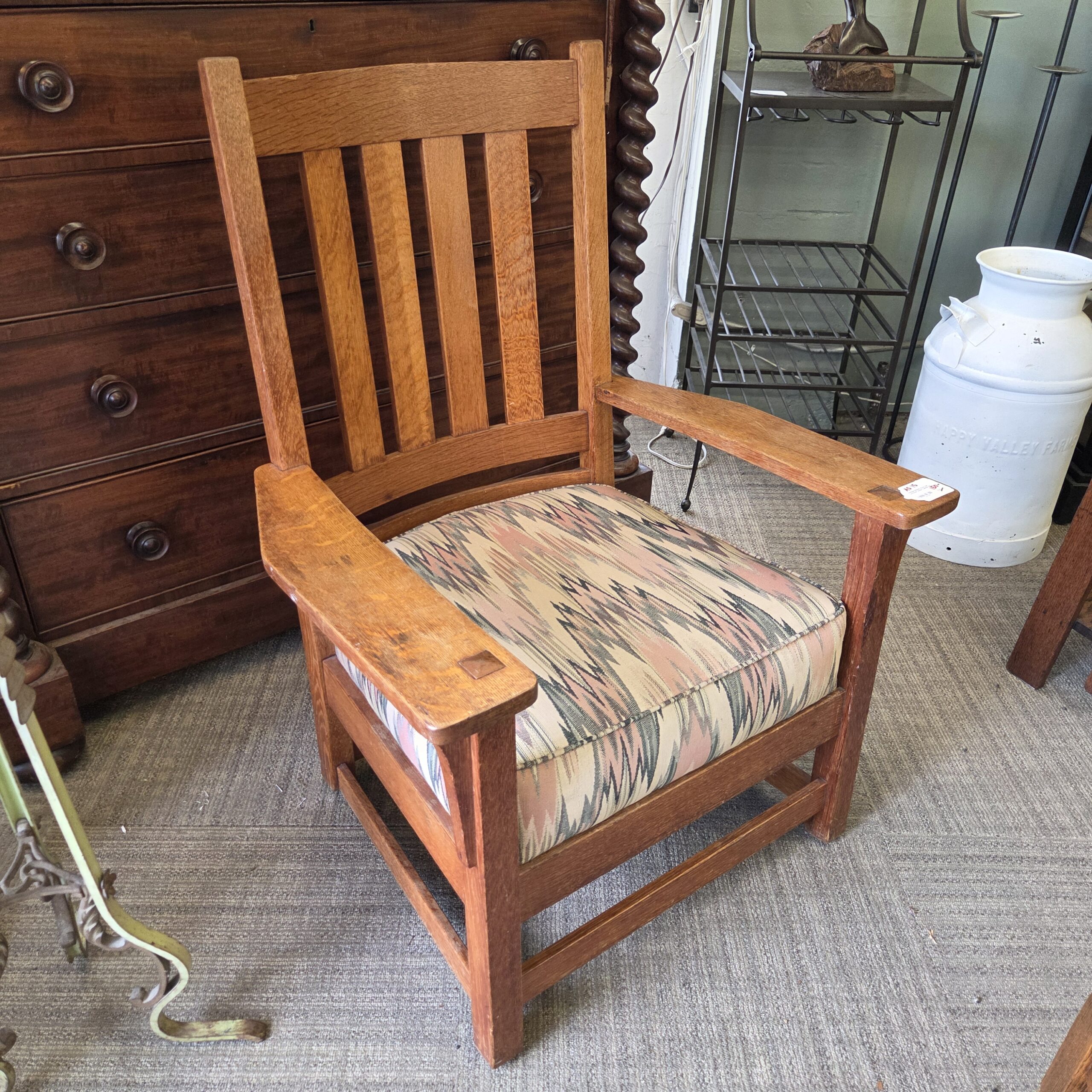 antique mission style oak armchair w/ikat cushion (as is)