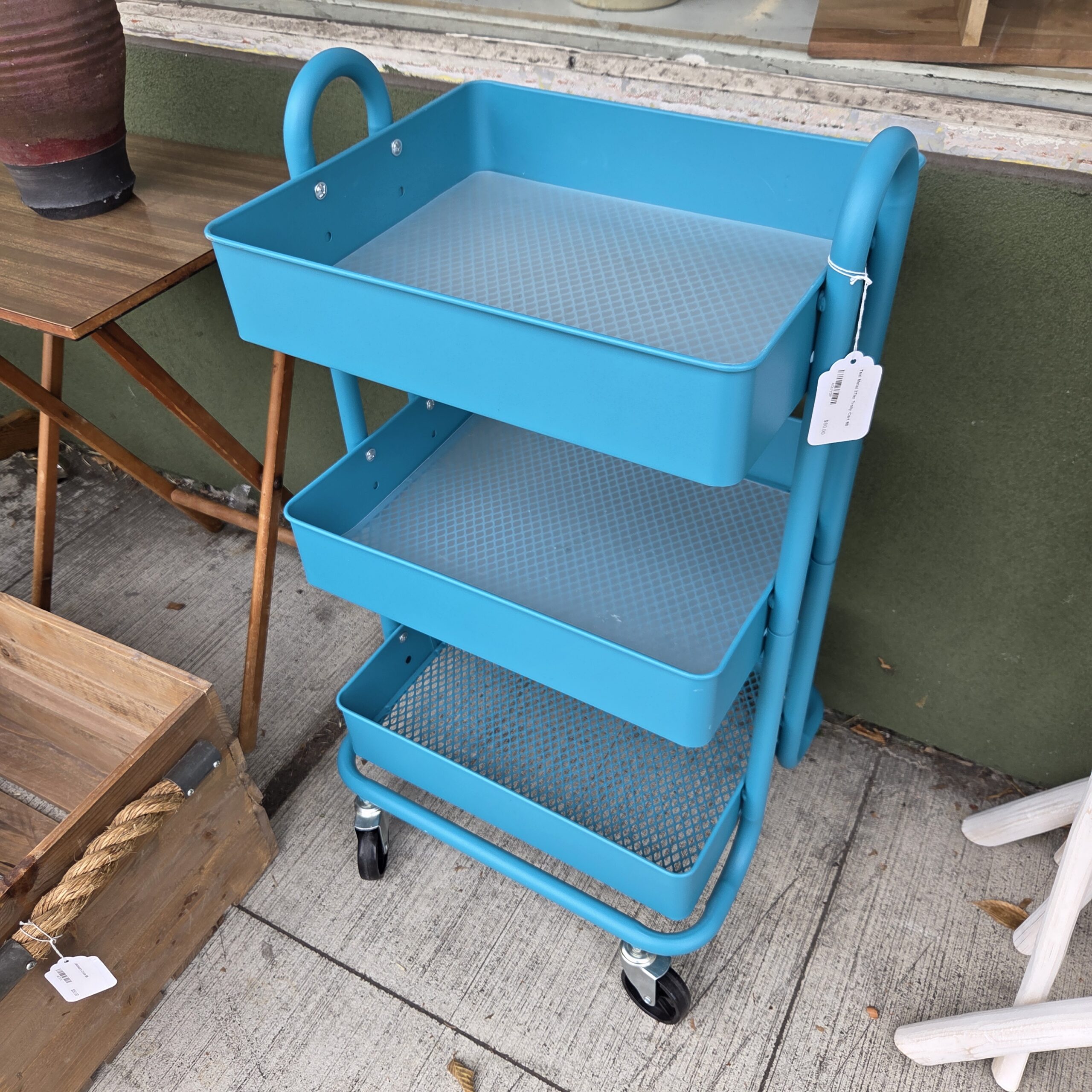 teal metal 3tier trolly cart