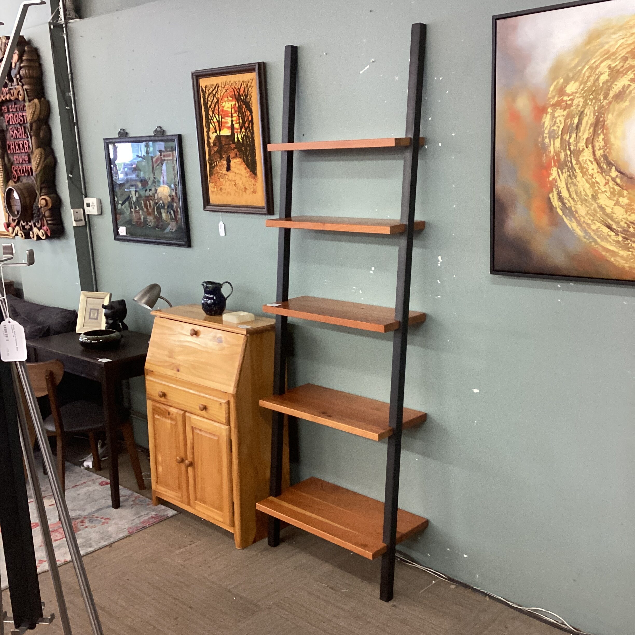 room & board black metal & wood leaning shelf