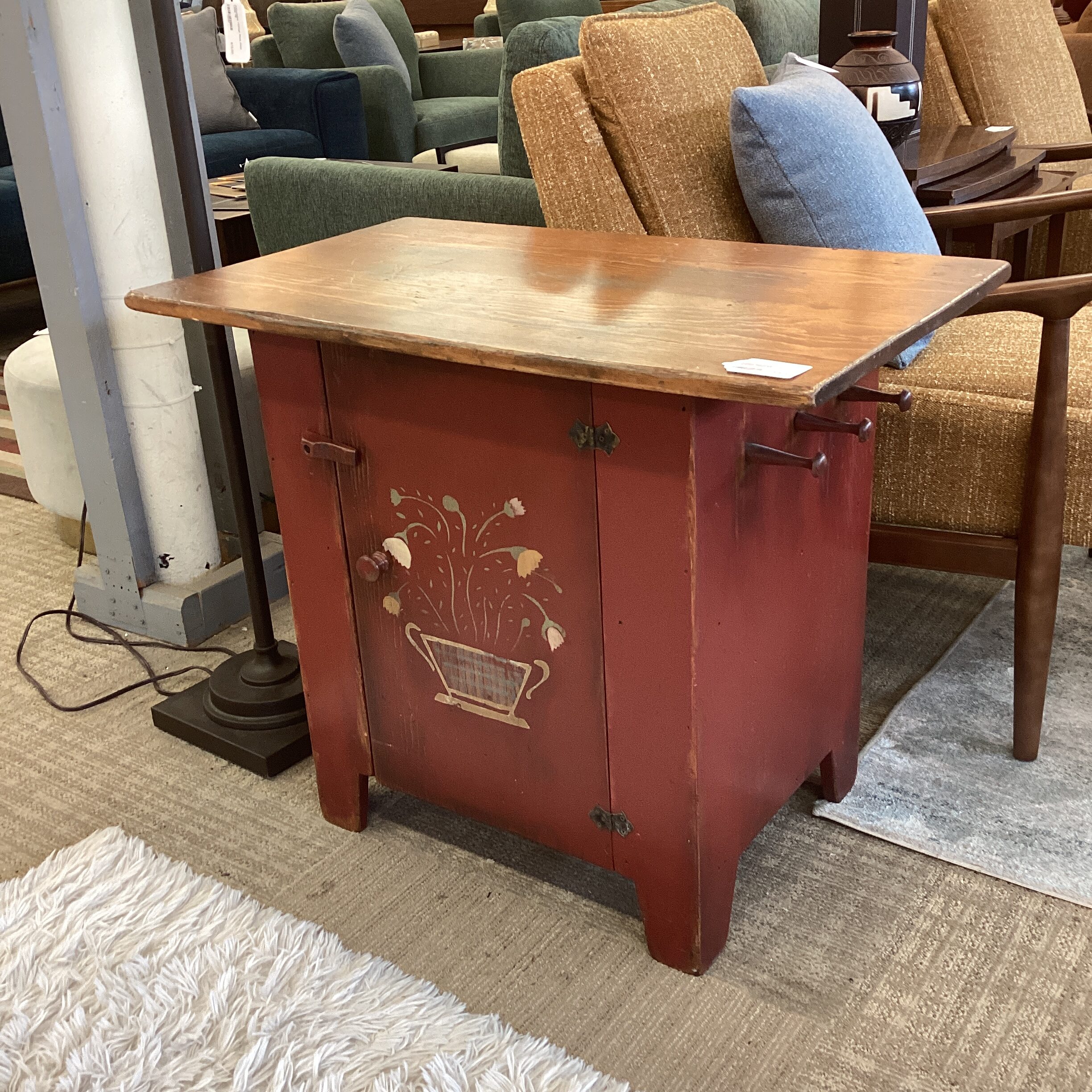antique red painted cabinet w/wood hooks
