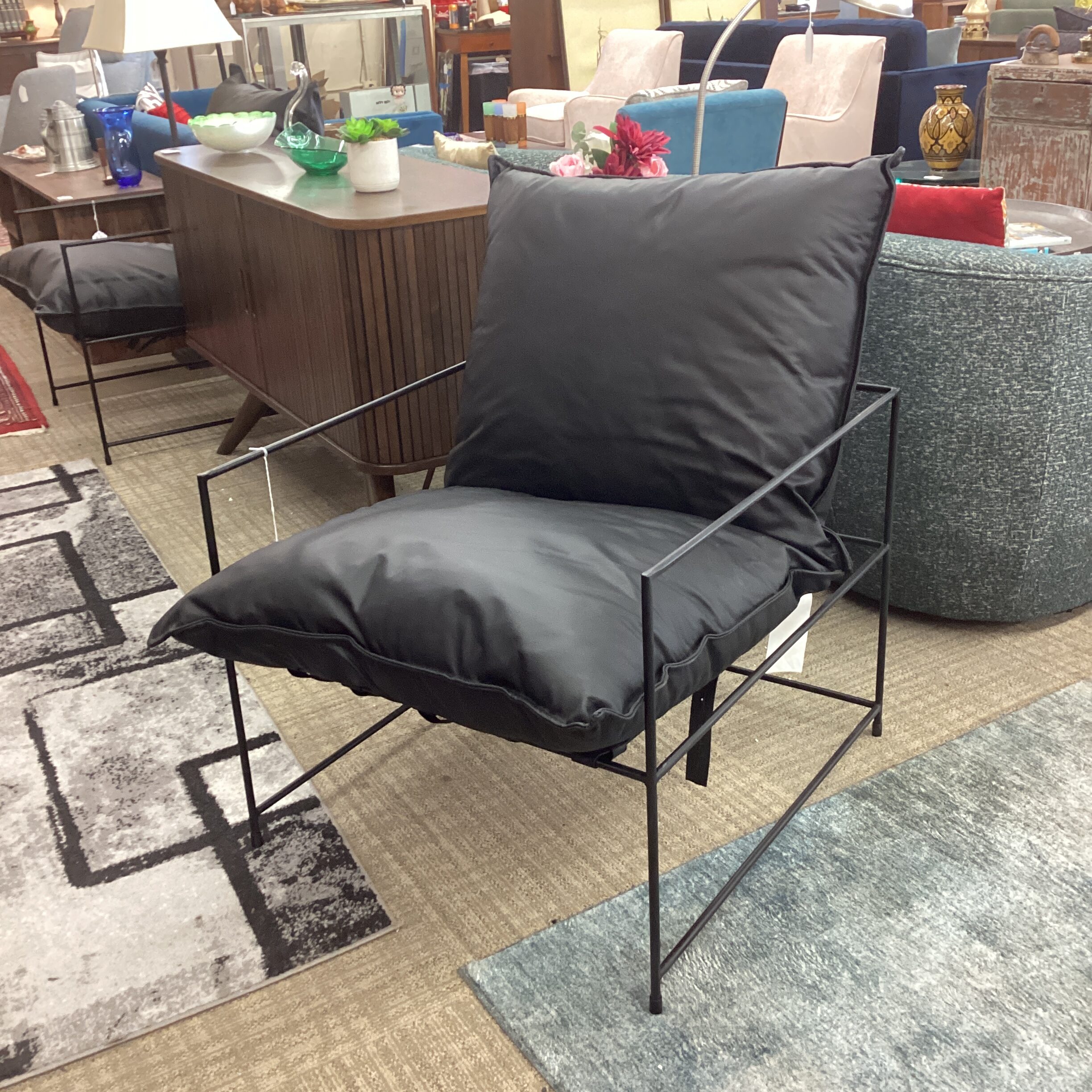 iron frame black leather accent chair