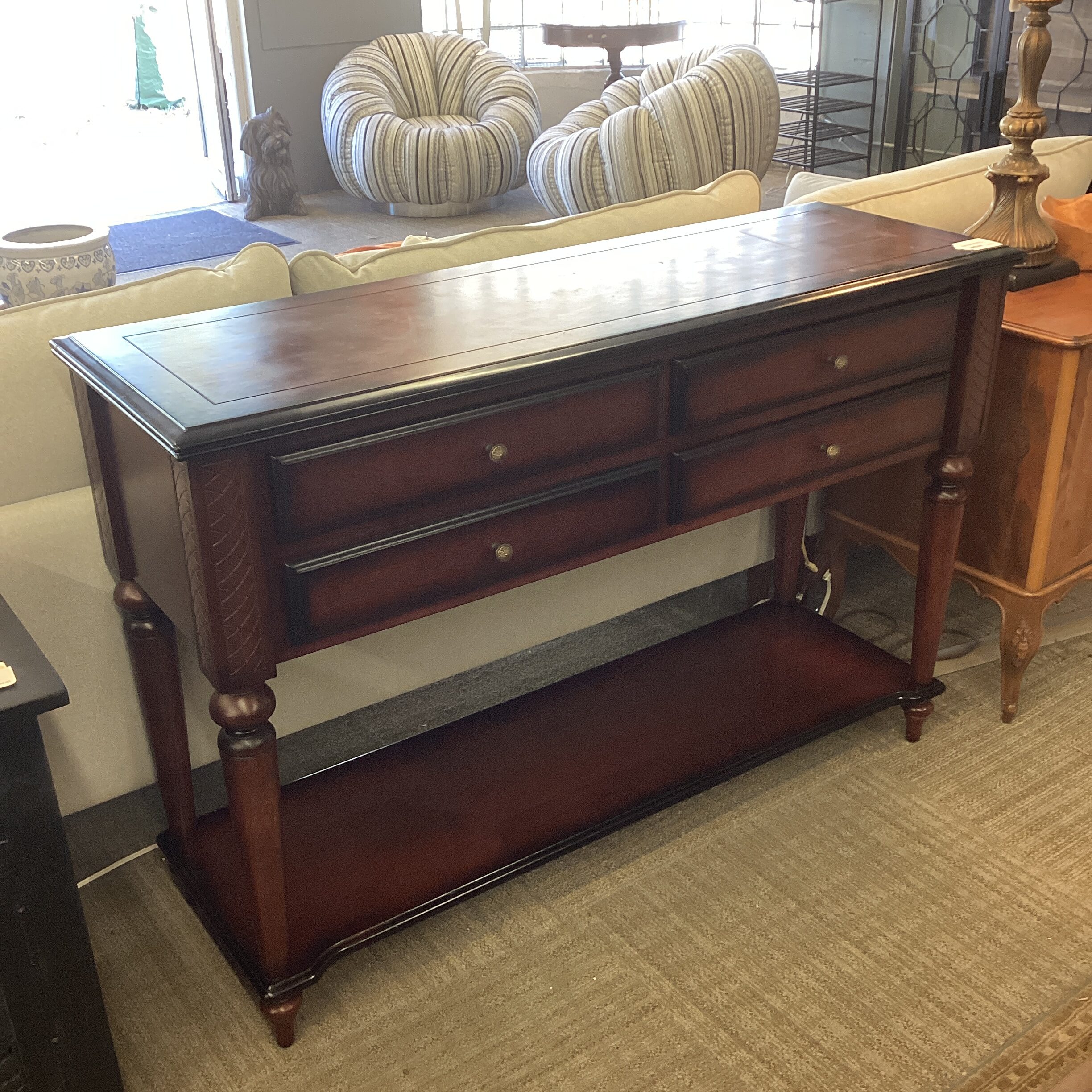 carved turned dark wood console table w/drawers