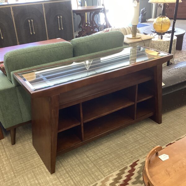slatted wood glass top media console