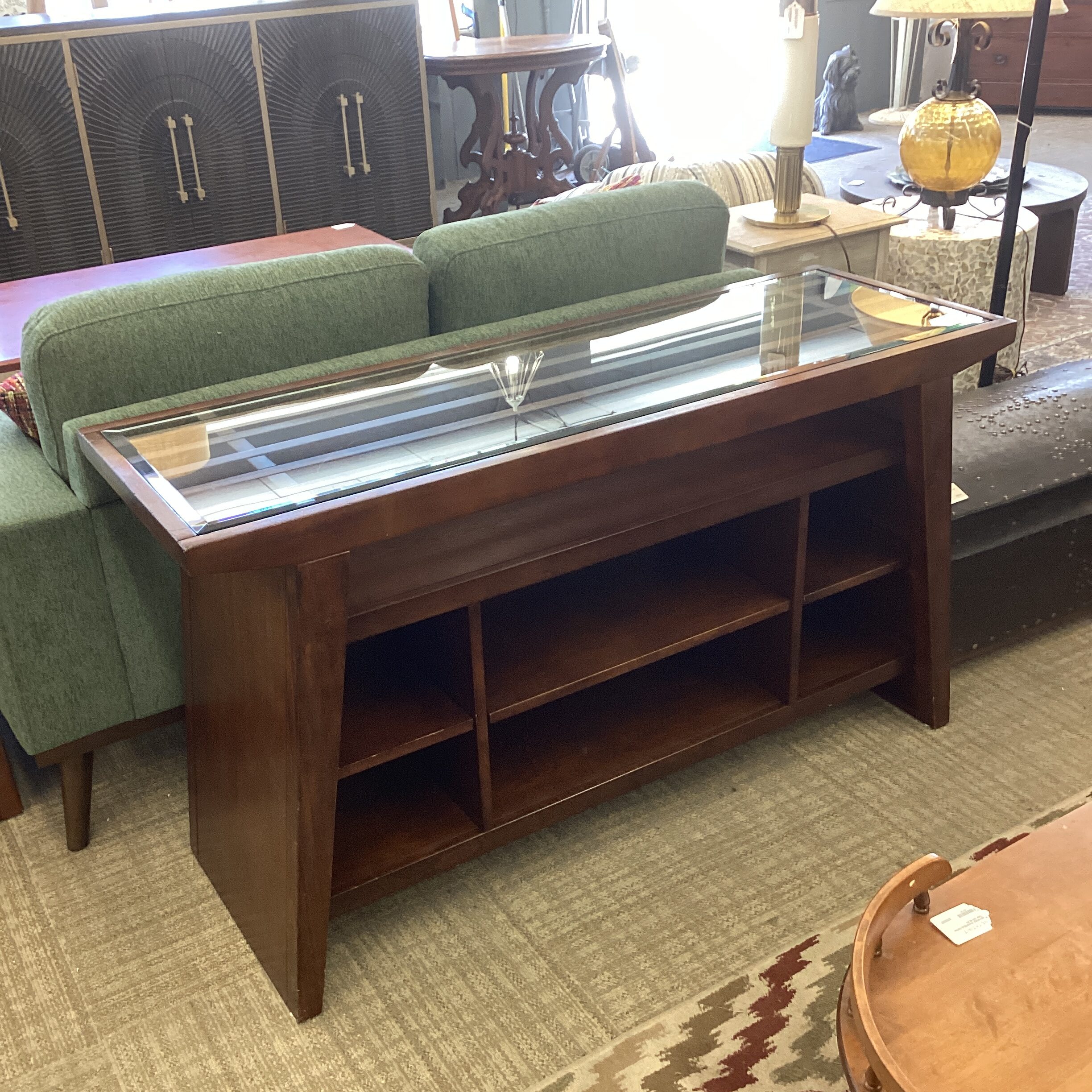 slatted wood glass top media console