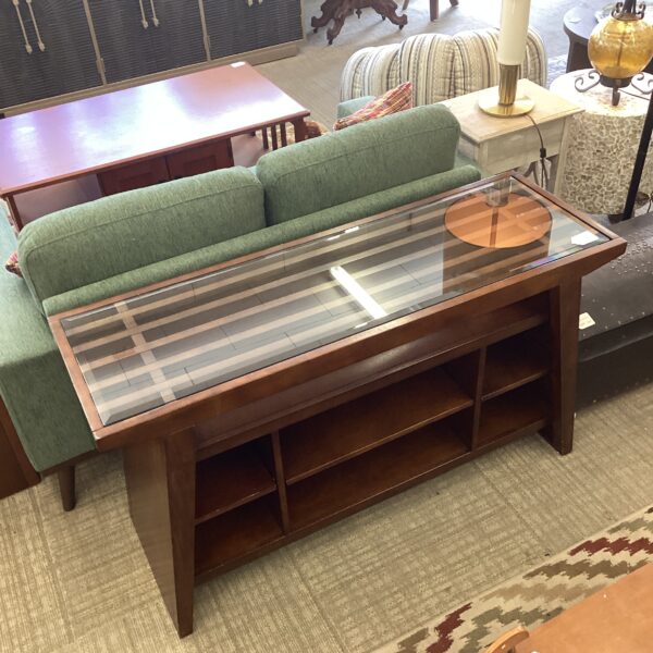 slatted wood glass top media console