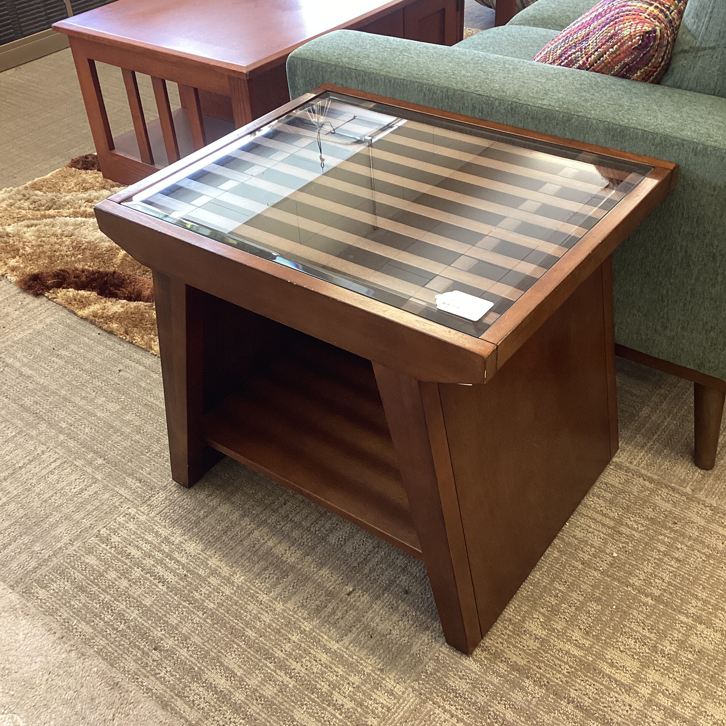 slatted wood glass top end table