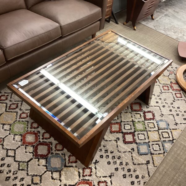 slatted wood glass top coffee table