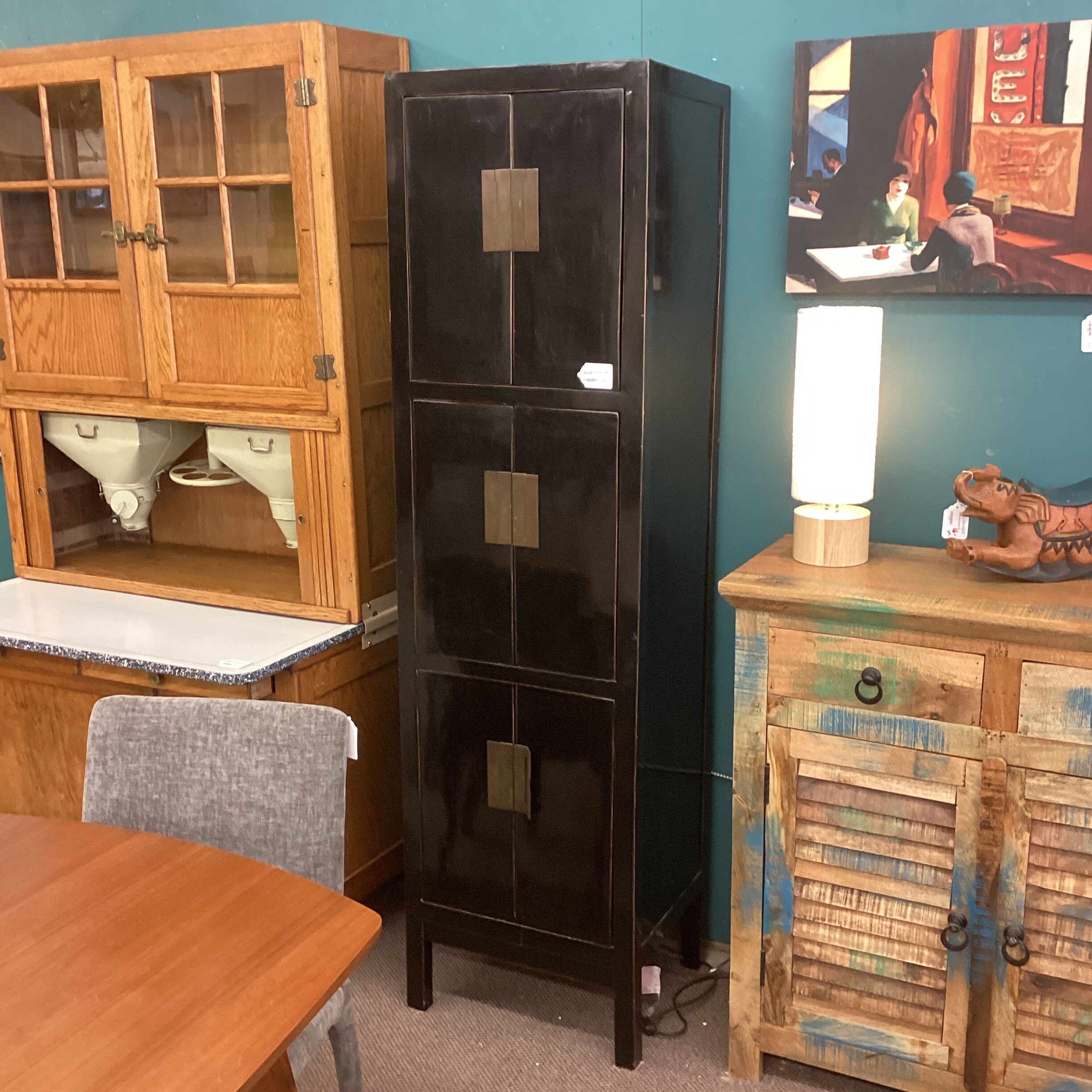 narrow asian style black lacquer cabinet