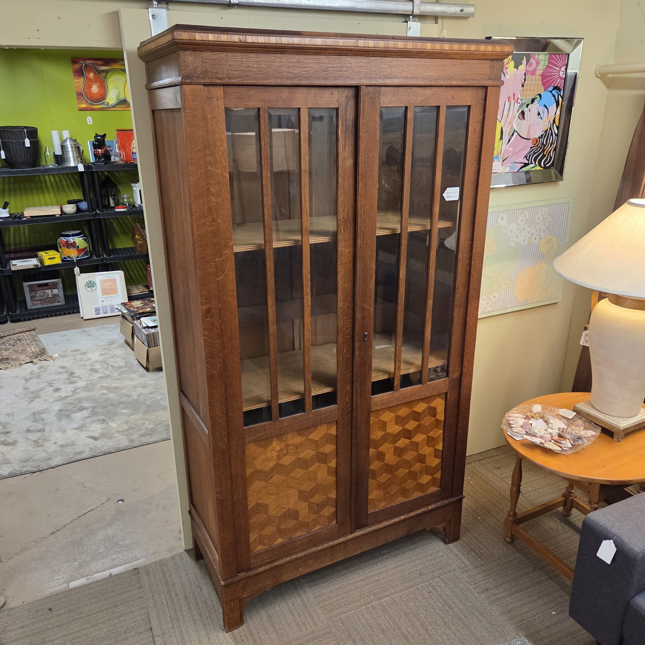 antique oak parquet beveled door cabinet