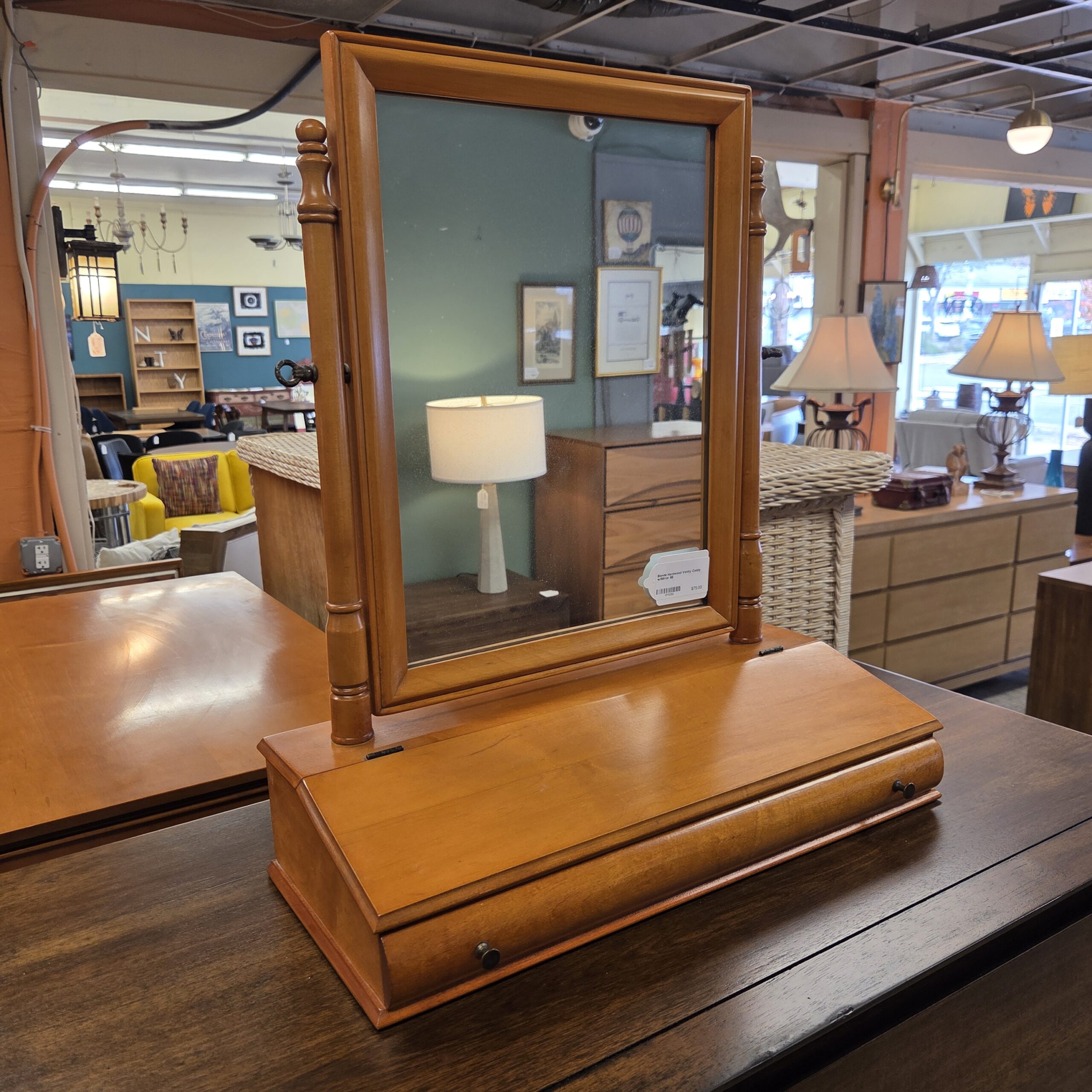 blonde hardwood vanity caddy w/mirror