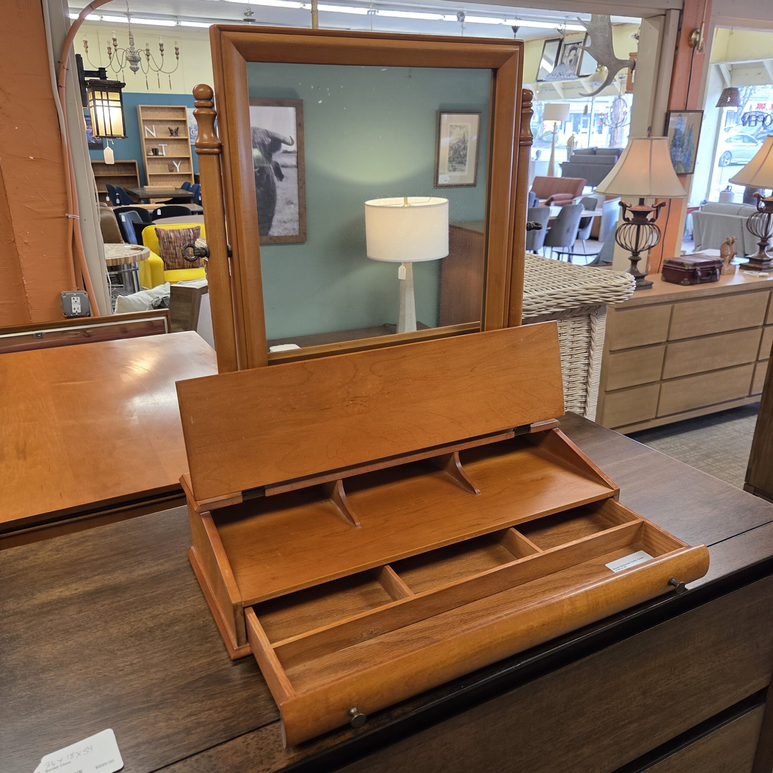 blonde hardwood vanity caddy w/mirror blonde hardwood vanity caddy w/mirror